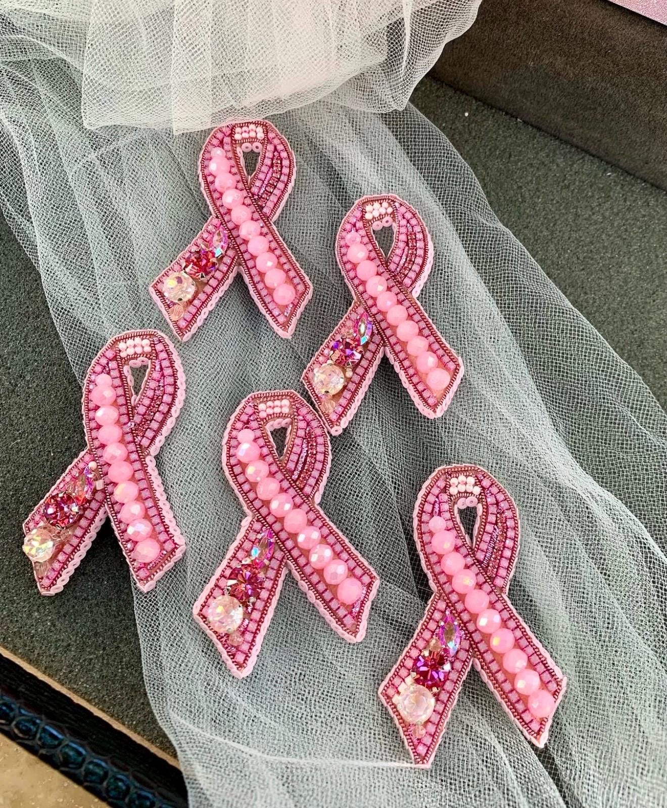 Handmade Beaded Pink Ribbon Brooch: Breast Cancer Awareness Pin