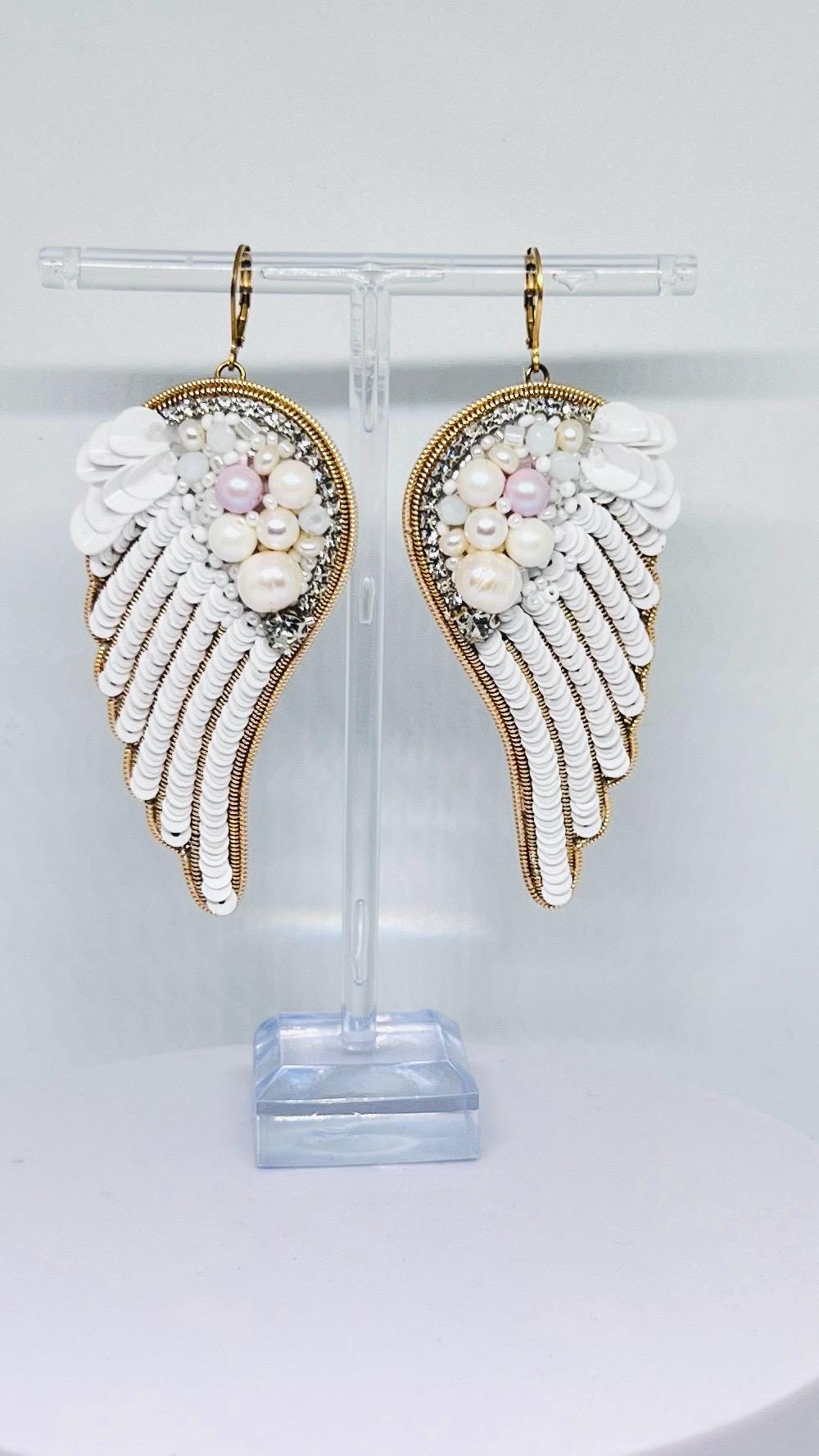 Handmade Angel Wing Earrings: Pearl, Crystal, and Sequin Statement Jewelry