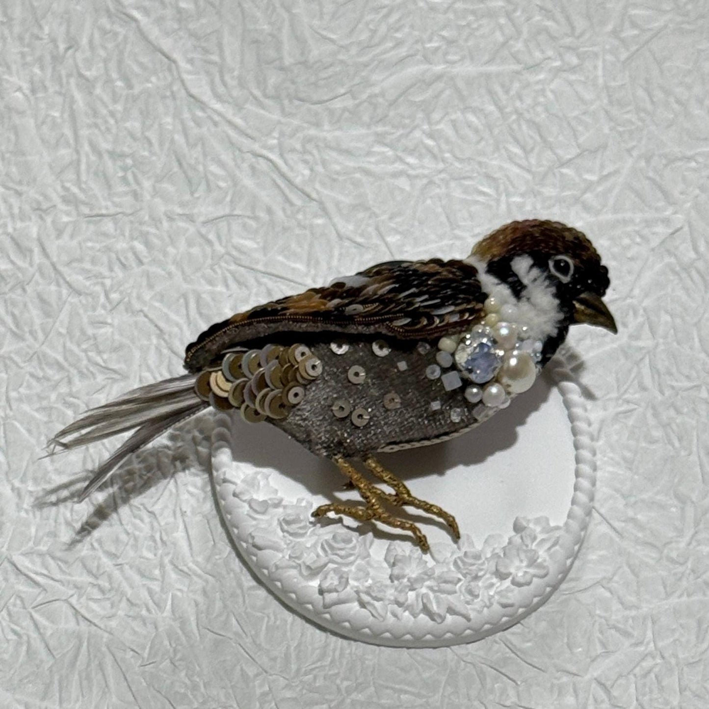 Handmade Beaded Sparrow Brooch: Sequins, Pearls, and Crystals