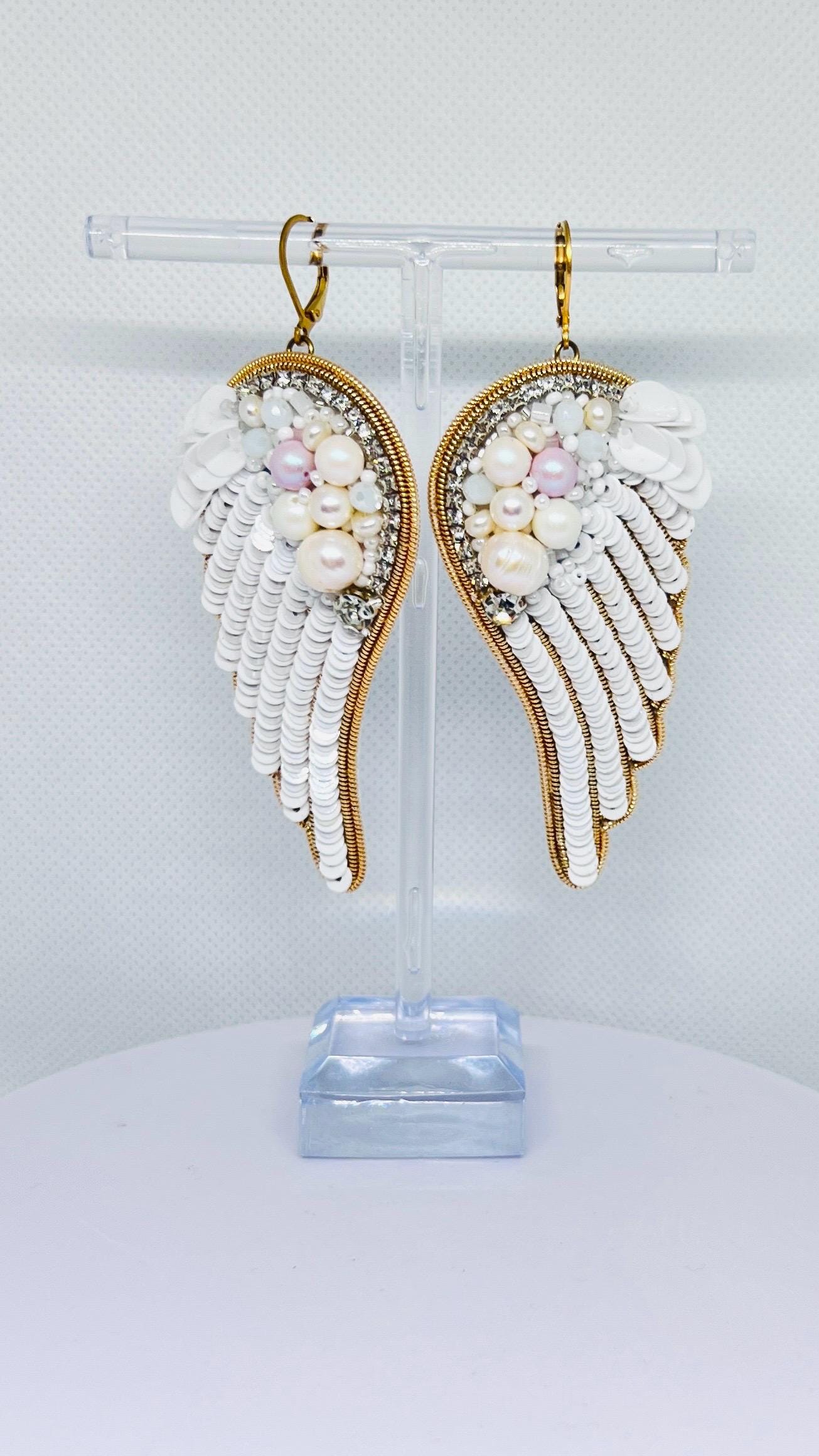 Handmade Angel Wing Earrings: Pearl, Crystal, and Sequin Statement Jewelry