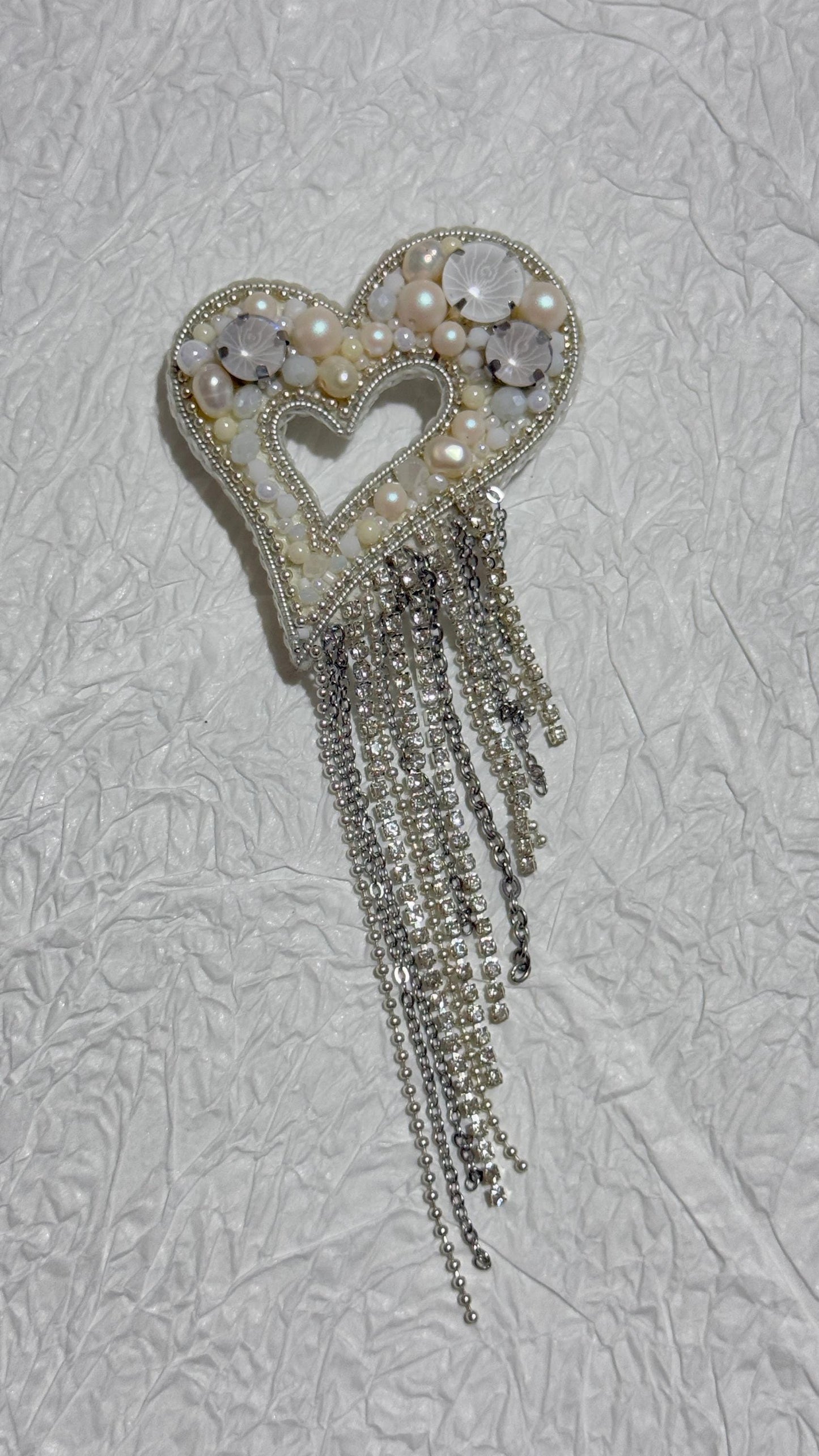 Handmade Pearl Heart Brooch: Beaded Rhinestone Dangling Chains