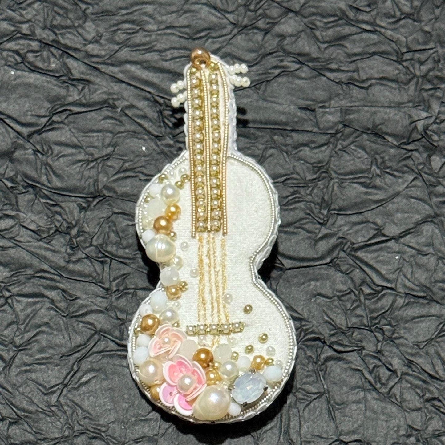 Handmade Beaded Violin Brooch: Pearl & Crystal Musical Pin