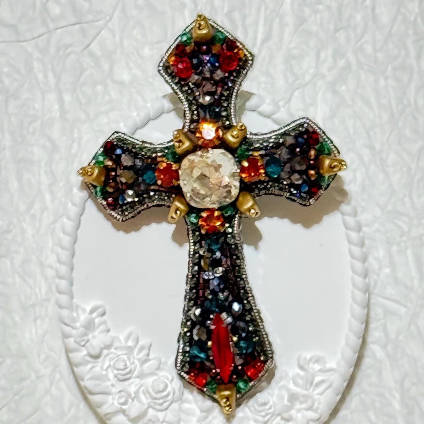 Handmade Beaded Cross Brooch: Colorful Swarovski Crystal Religious Pin