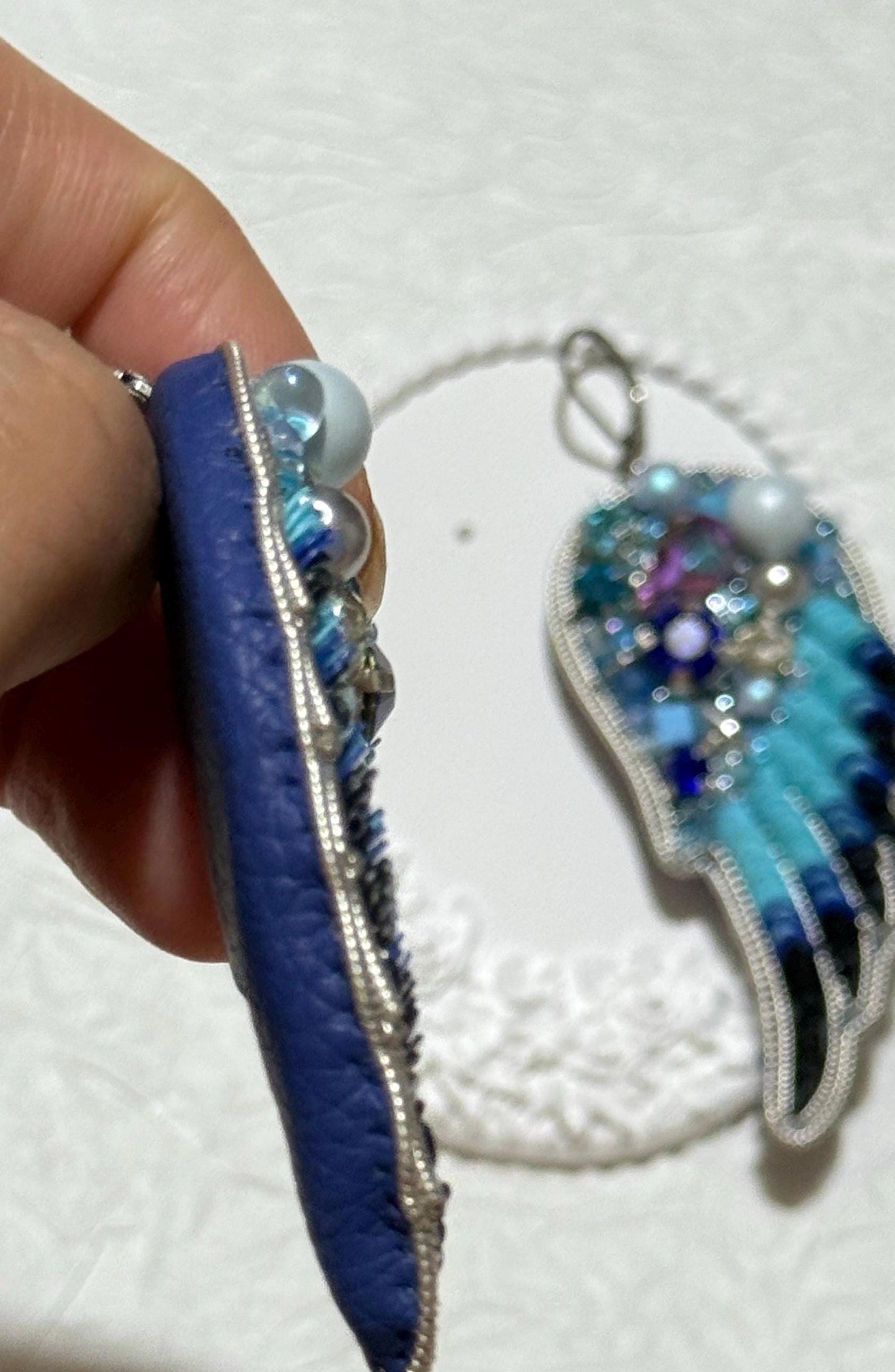 Handmade Beaded Angel Wing Earrings: Blue Crystal Statement Jewelry