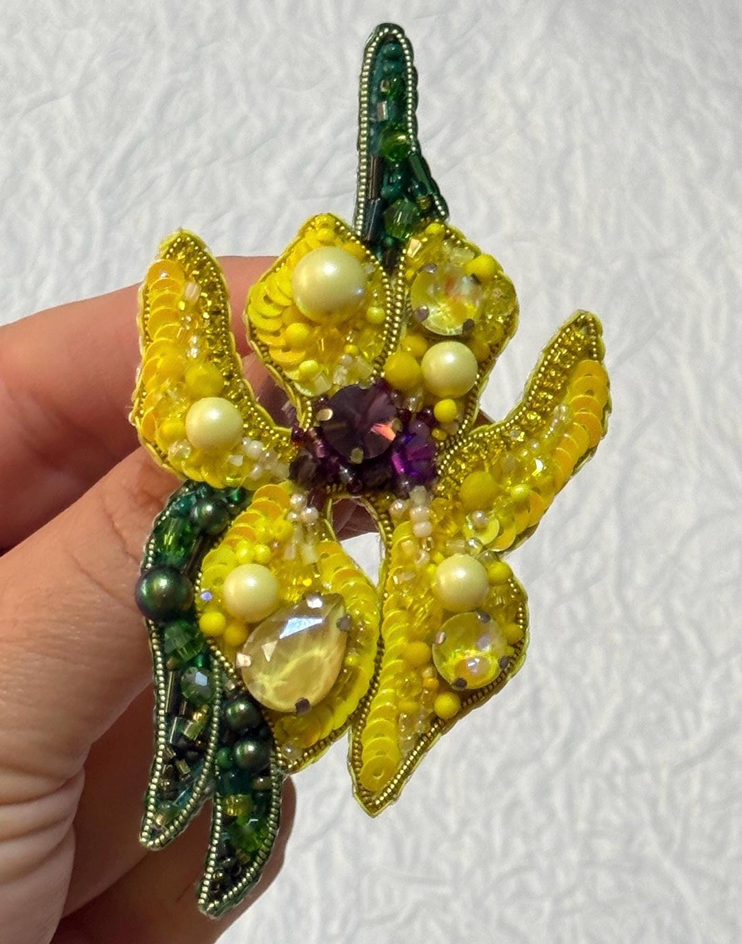 Handcrafted Beaded Iris Brooch: Yellow Floral Pin with Crystals