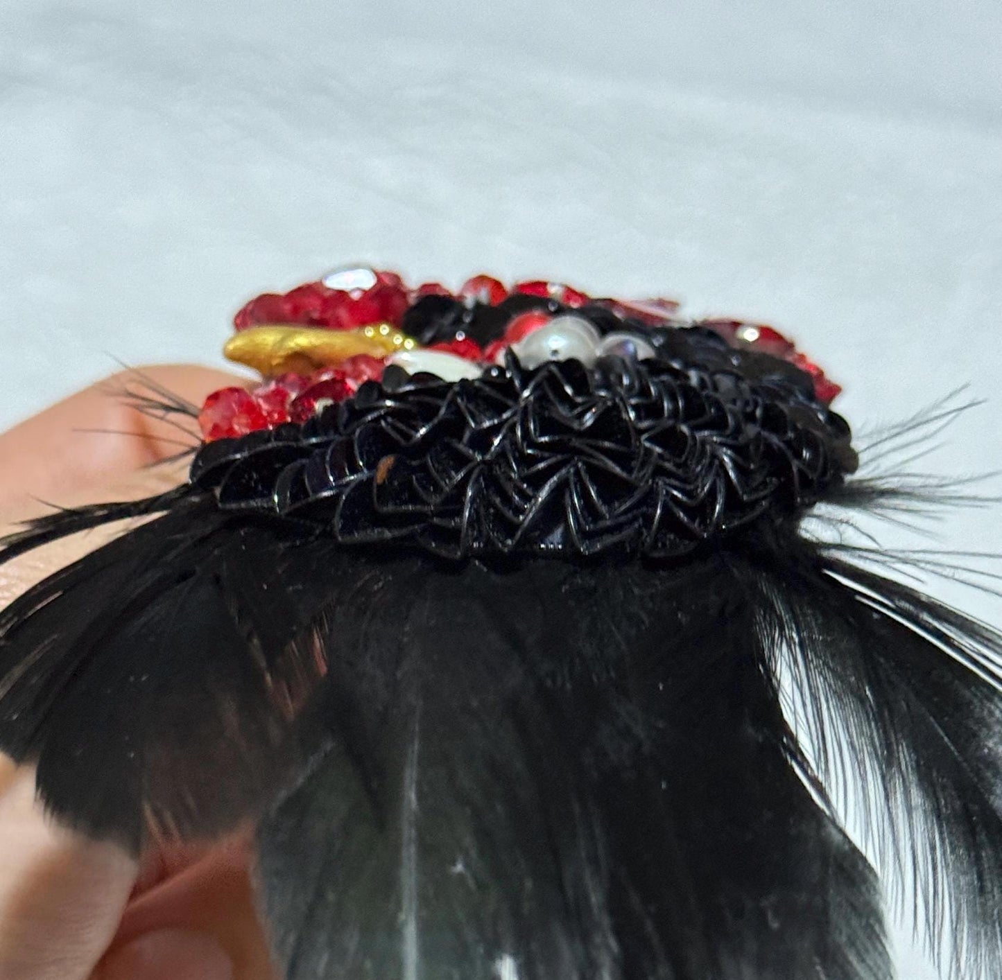 Handmade Beaded Rooster Brooch: Feather Embroidered Farm Pin