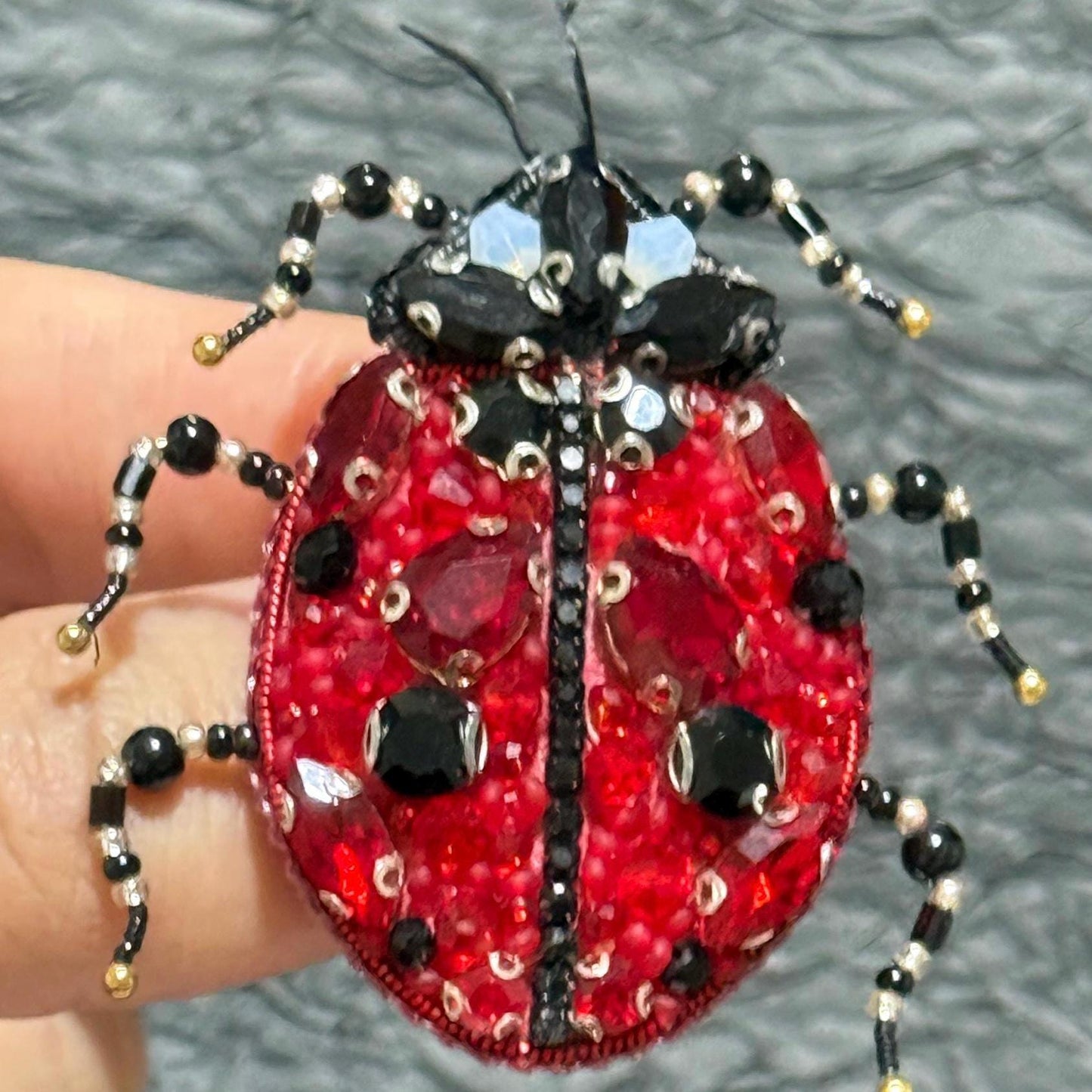 Handmade Ladybug Brooch: Beaded Red Crystal Insect Pin