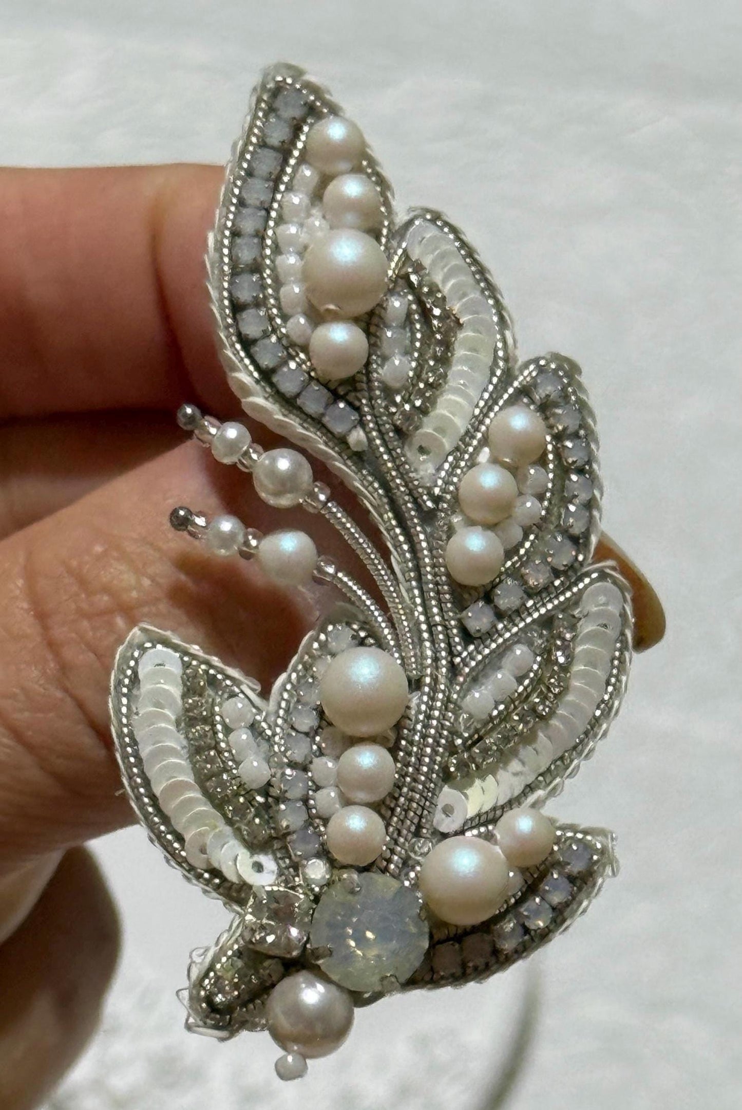 Handmade Beaded Feather Brooch: Pearl & Crystal Wedding Pin