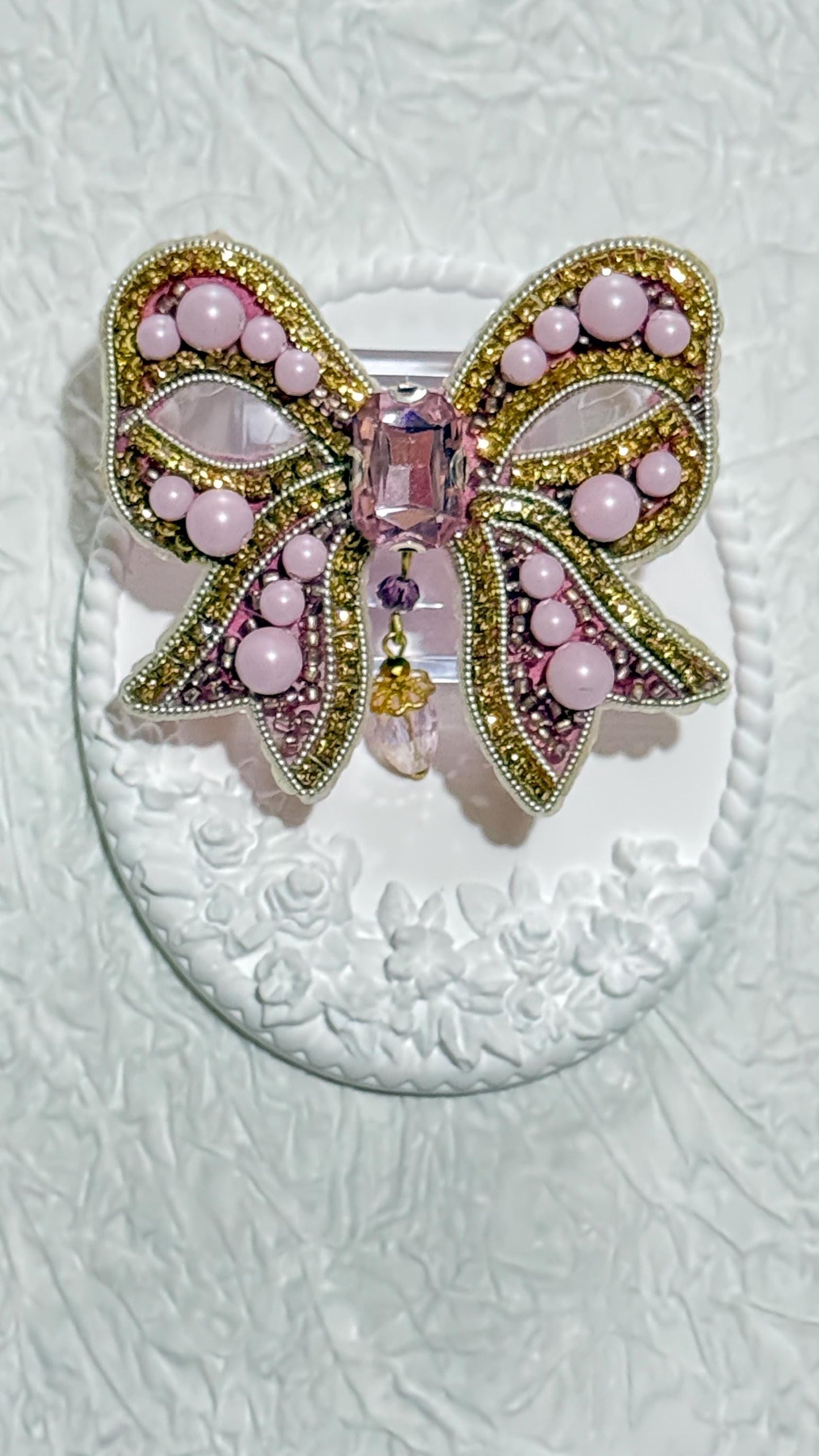 Handmade Pink Bow Brooch: Beaded Crystals & Pearls, Statement Jewelry