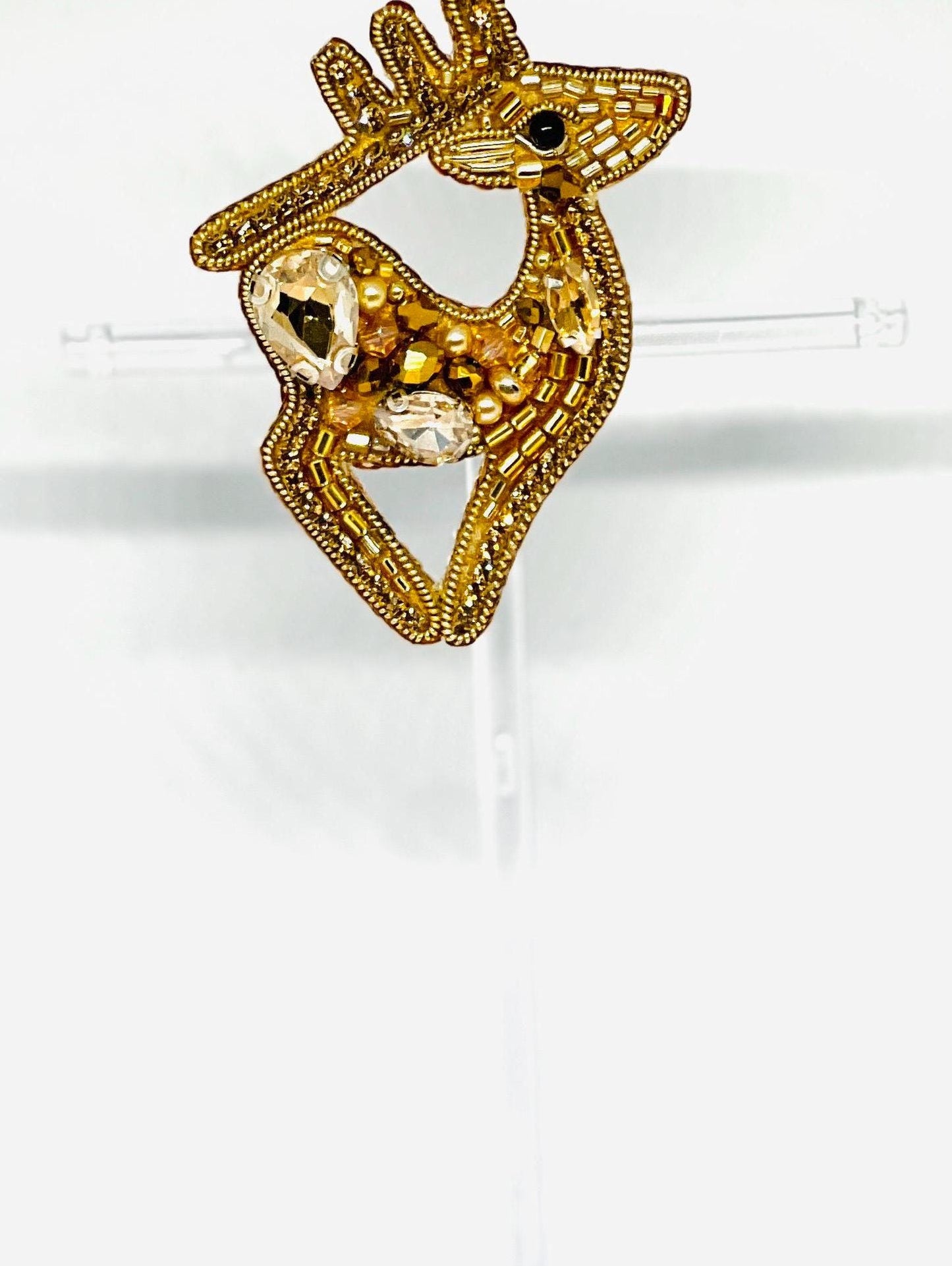 Golden Reindeer Brooch - Handmade Beaded Pin - Holiday Jewelry - Festive Accessories