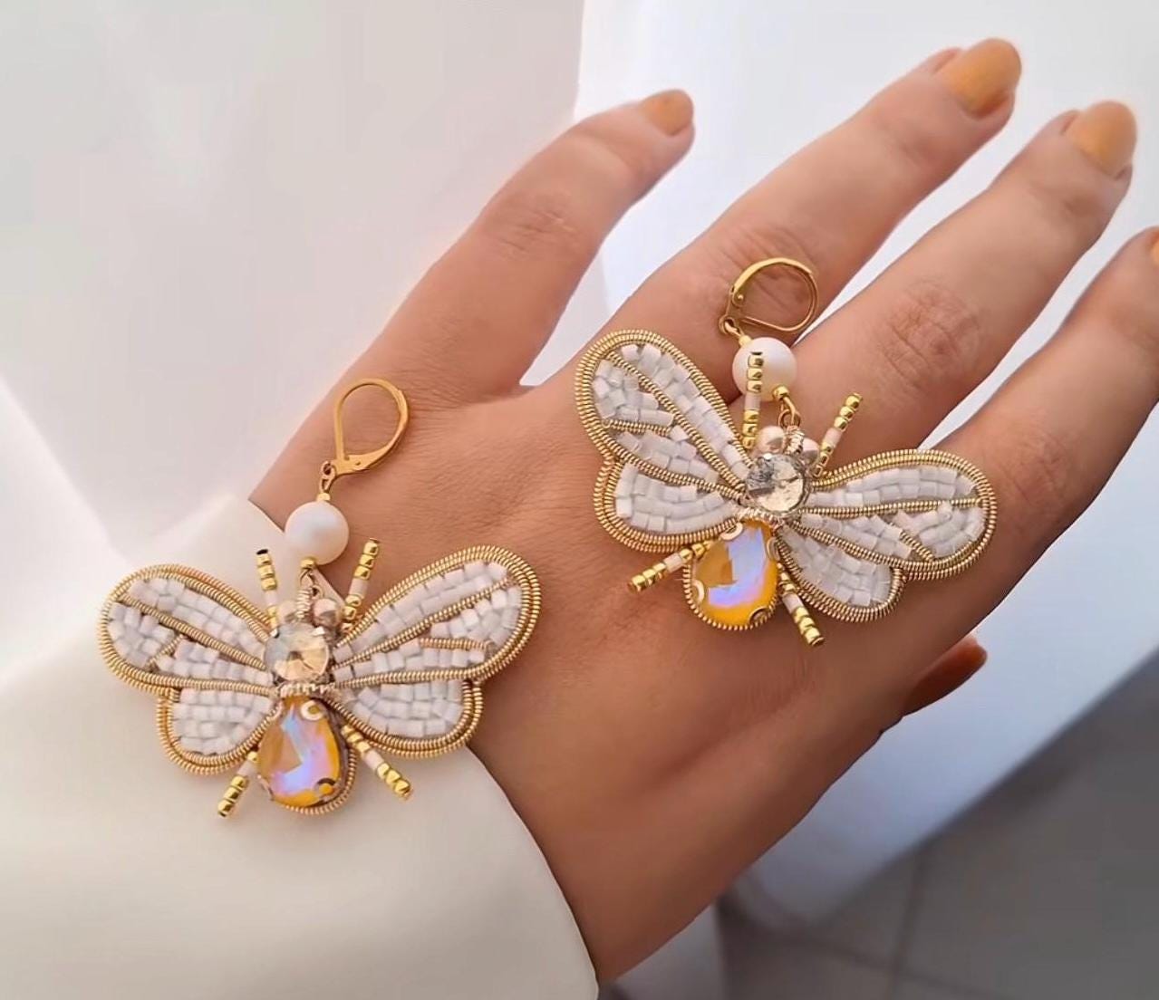 Handmade Beaded Bee Earrings: Opal Gemstone, White & Gold Jewelry