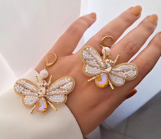 Handmade Beaded Bee Earrings: Opal Gemstone, White & Gold Jewelry