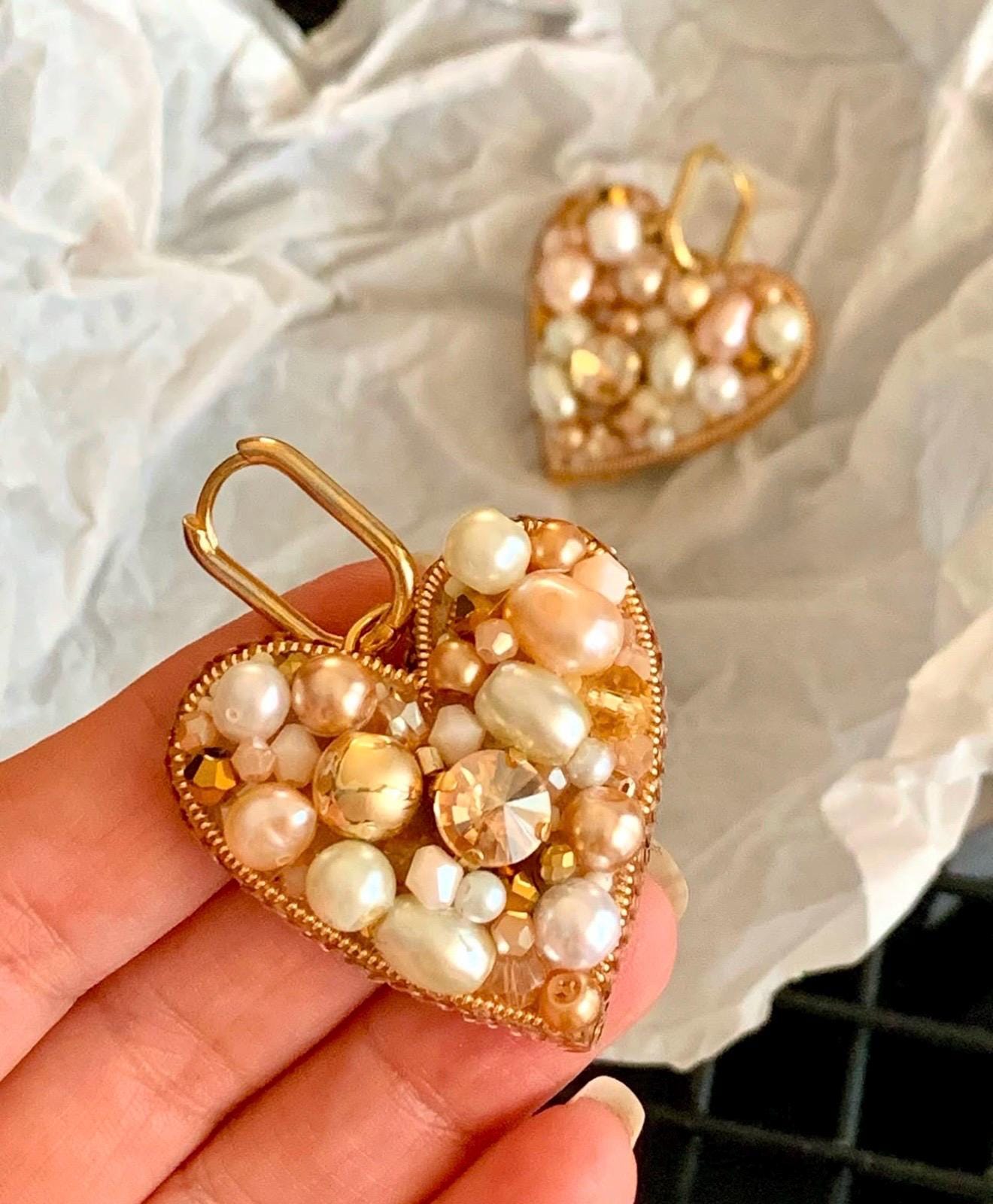 Handmade Beaded Heart Earrings: Pearl, Crystal & Gemstone Dangle Jewelry