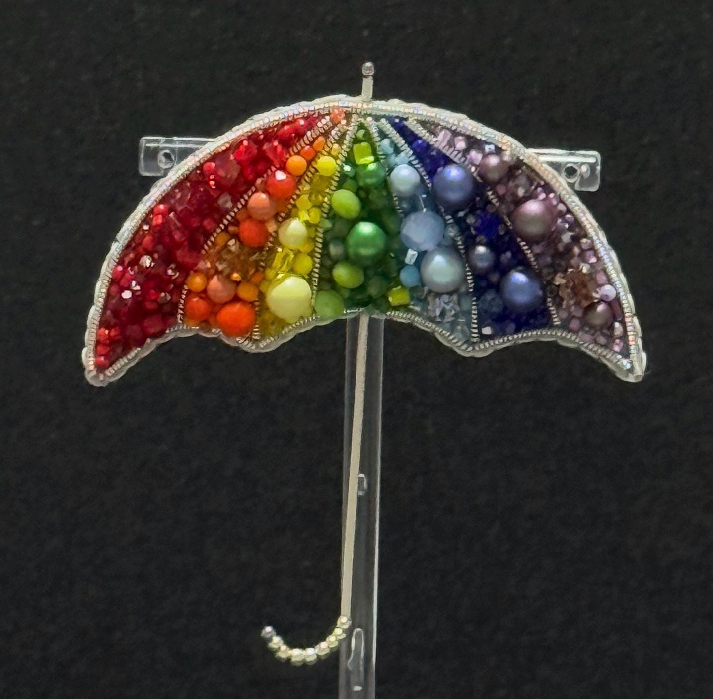 Handmade Rainbow Umbrella Brooch: Beaded Pride Pin