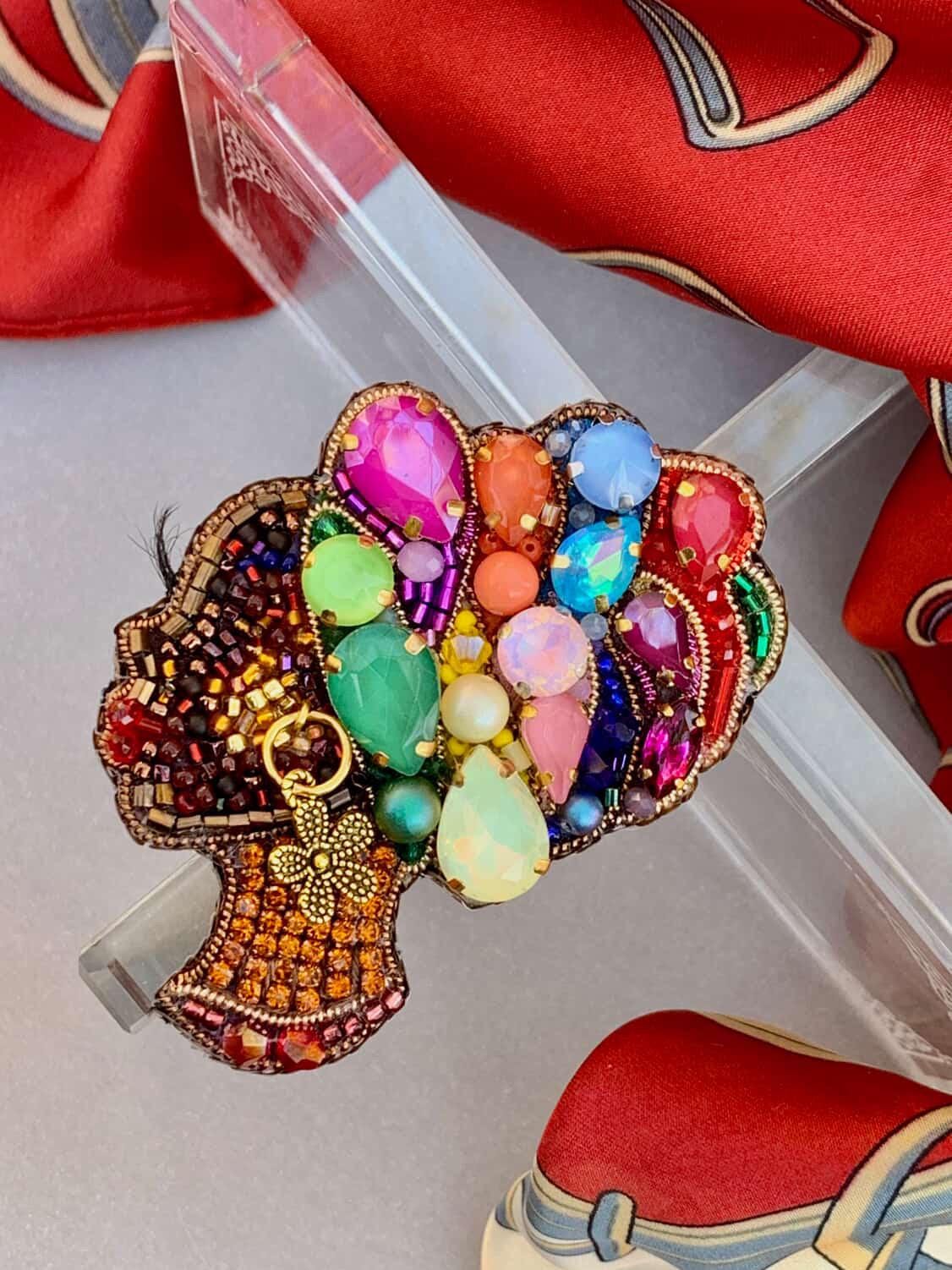 Handmade Beaded African Woman Brooch – Crystal Pearl Statement Pin