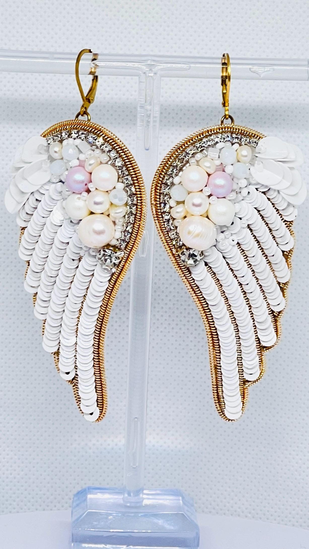 Handmade Angel Wing Earrings: Pearl, Crystal, and Sequin Statement Jewelry
