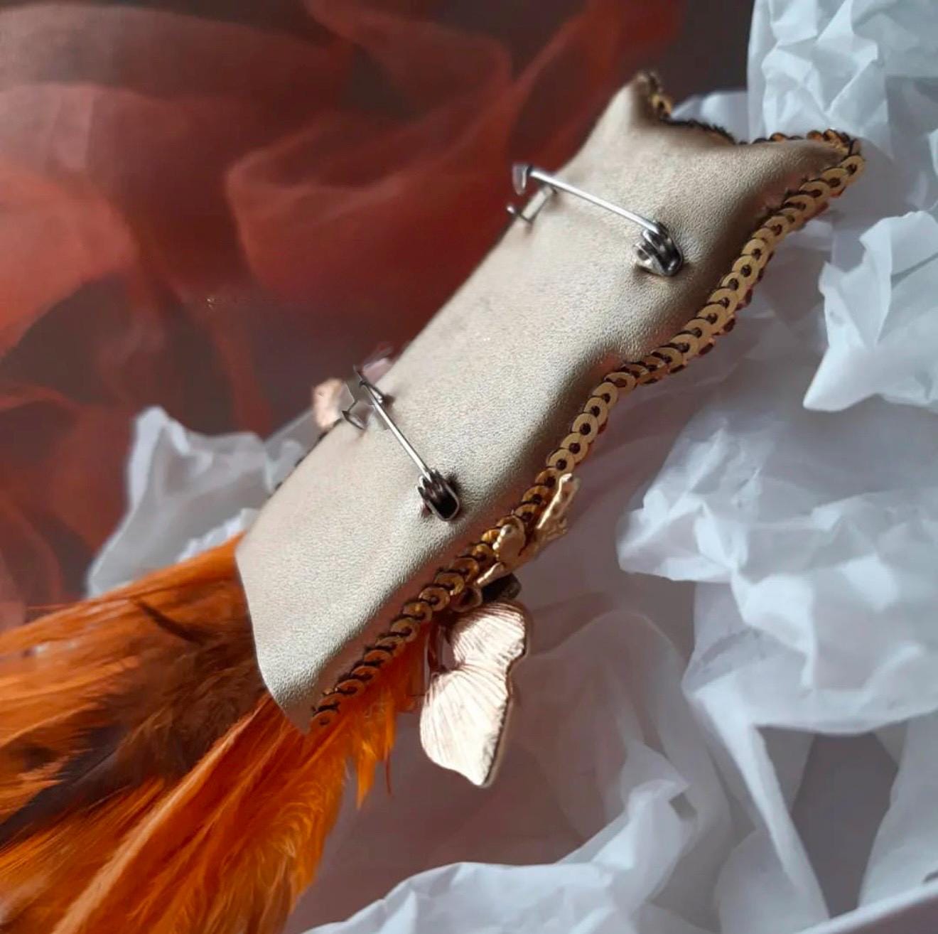 Handcrafted Beaded Owl Brooch: Orange Feathers, Embroidered Key Pin