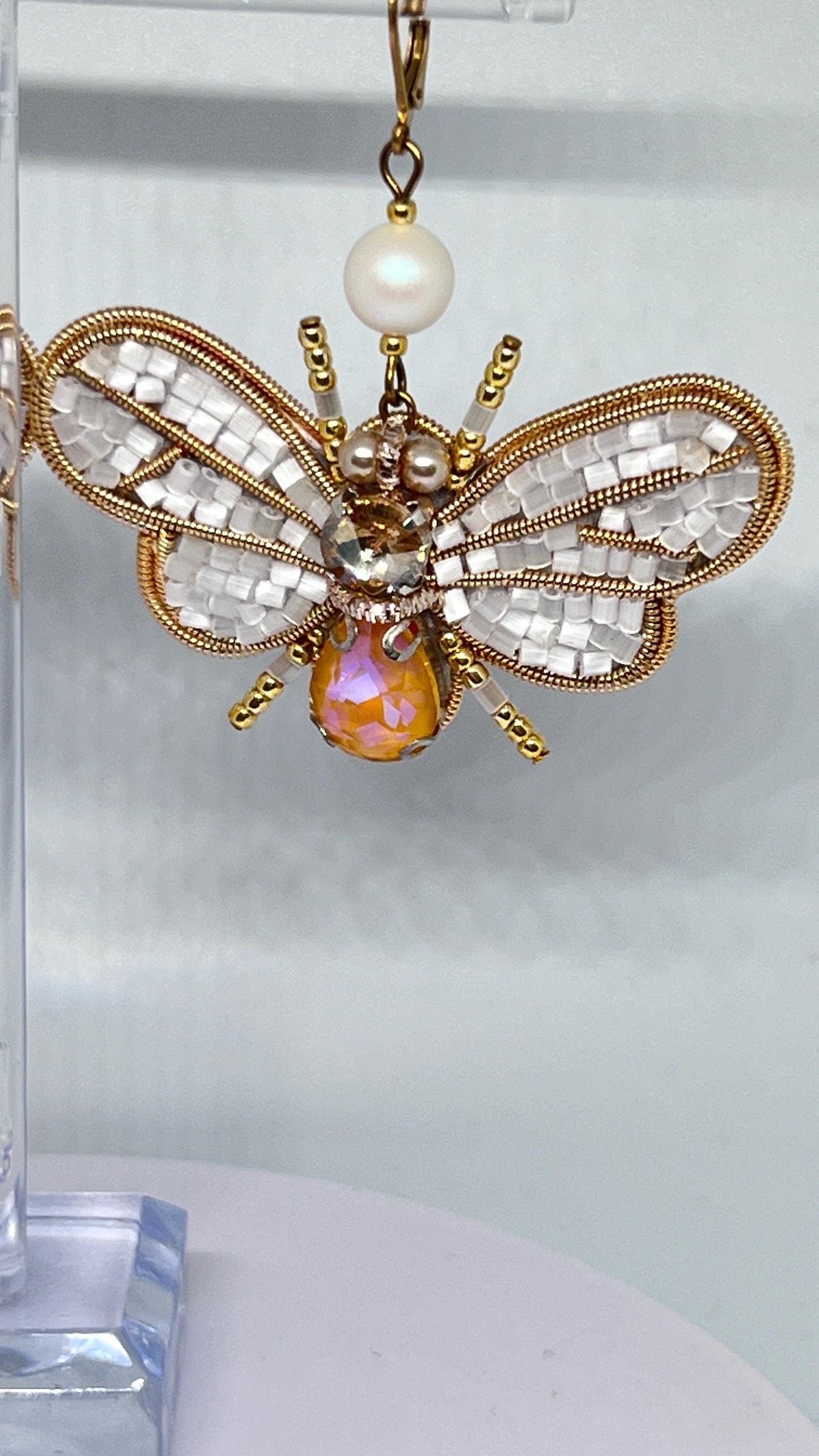 Handmade Beaded Bee Earrings: Opal Gemstone, White & Gold Jewelry