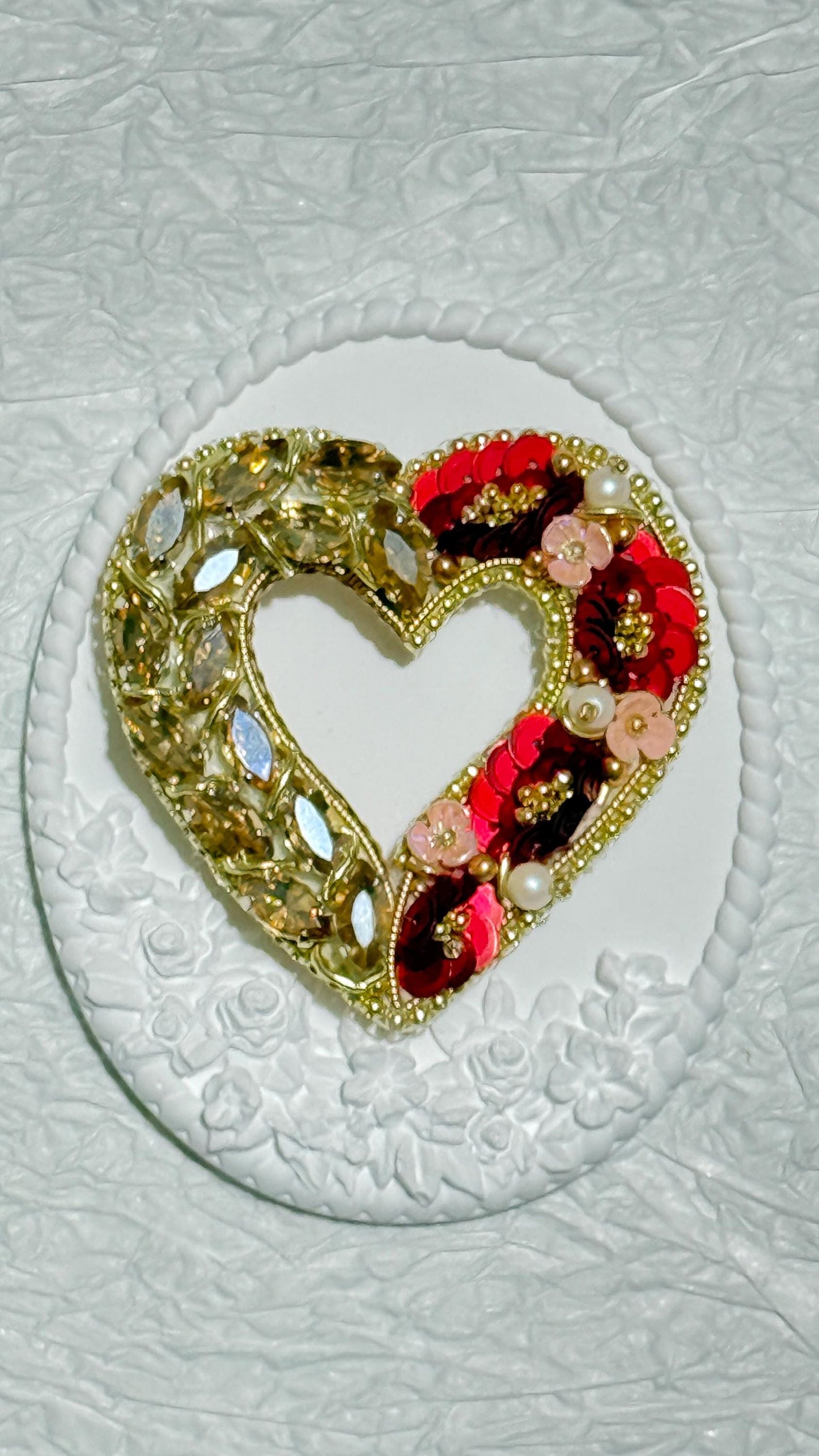 Handmade Beaded Heart Brooch: Gold & Red Valentine's Day Pin