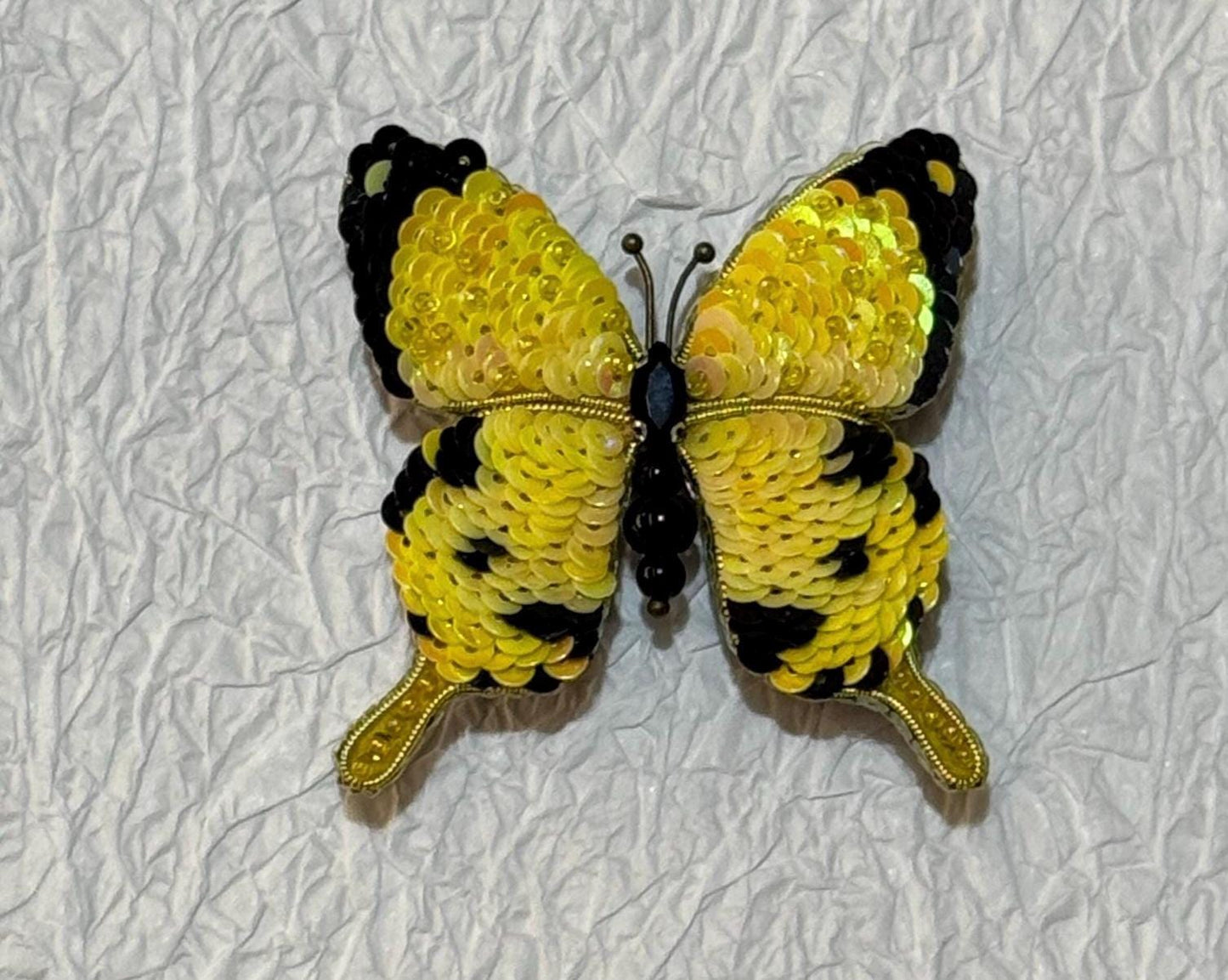 Handmade Yellow Butterfly Brooch: Beaded Embroidered Pin