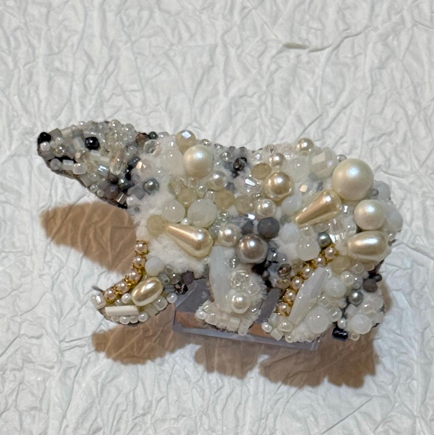 Handmade Polar Bear Brooch: Beaded Crystal Arctic Animal Jewelry