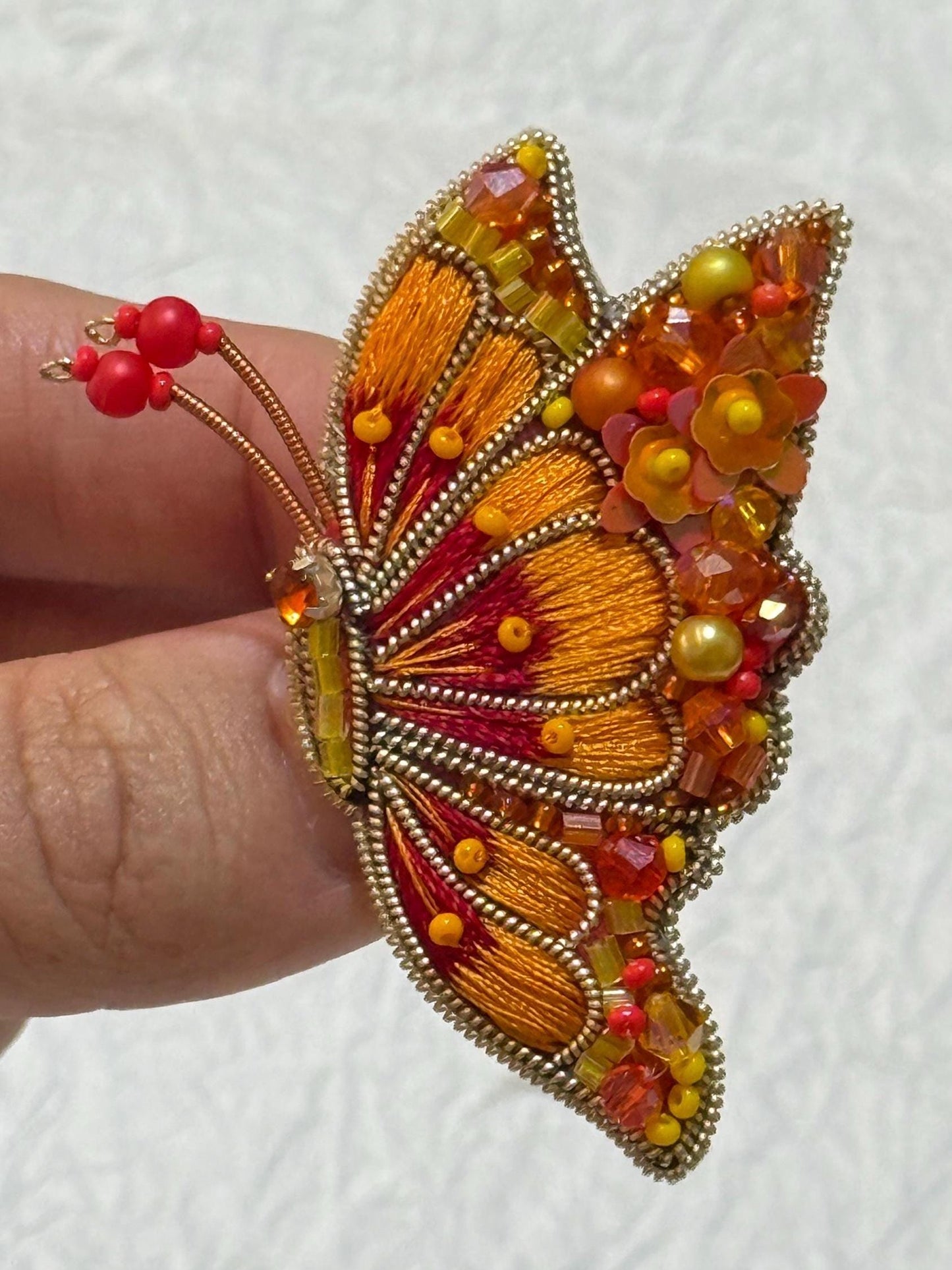 Handmade Beaded Butterfly Brooch: Embroidered Orange & Gold Pin
