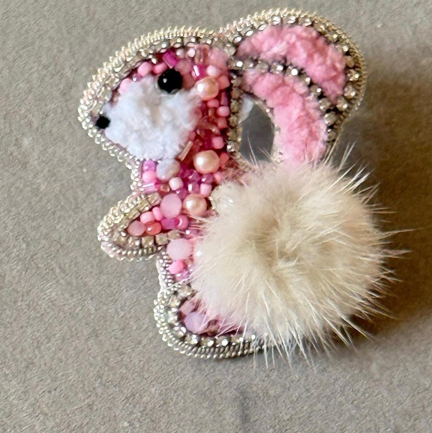 Handmade Beaded Bunny Brooch: Pink Rabbit Pin with Faux Fur Tail