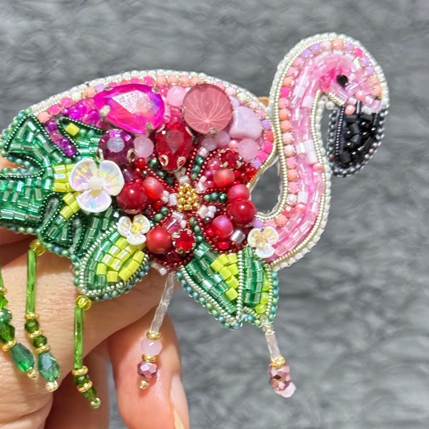 Handmade Beaded Flamingo Brooch: Pink Bird Pin, Tropical Jewelry