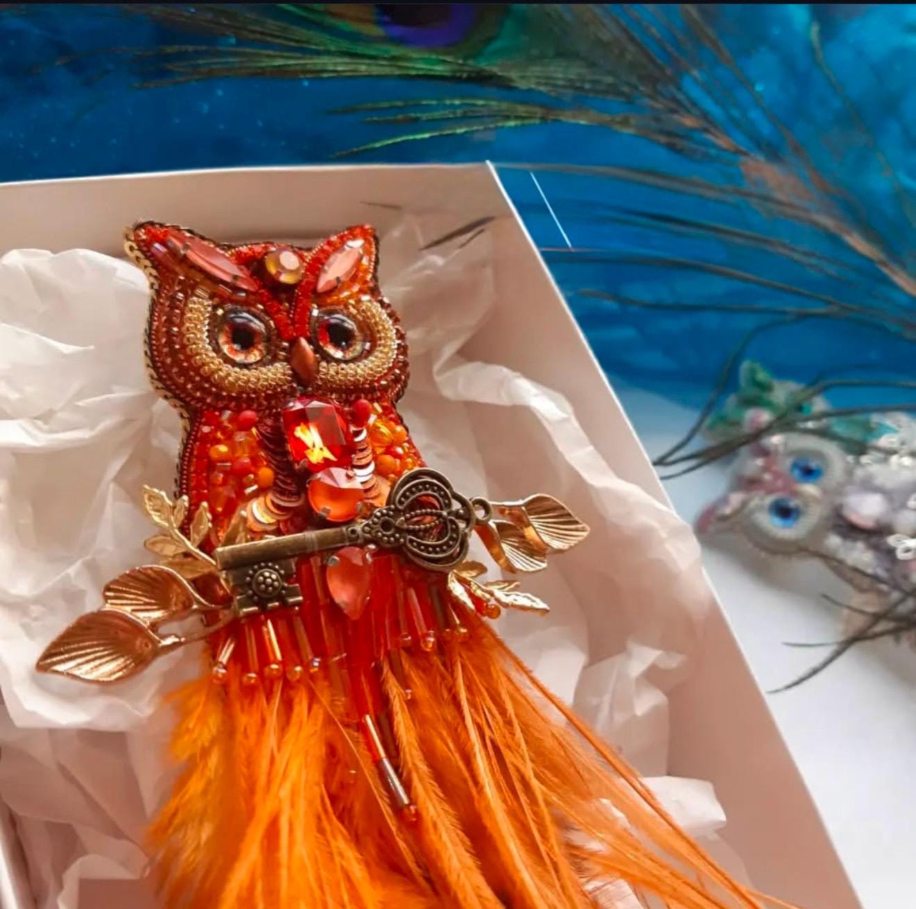 Handcrafted Beaded Owl Brooch: Orange Feathers, Embroidered Key Pin