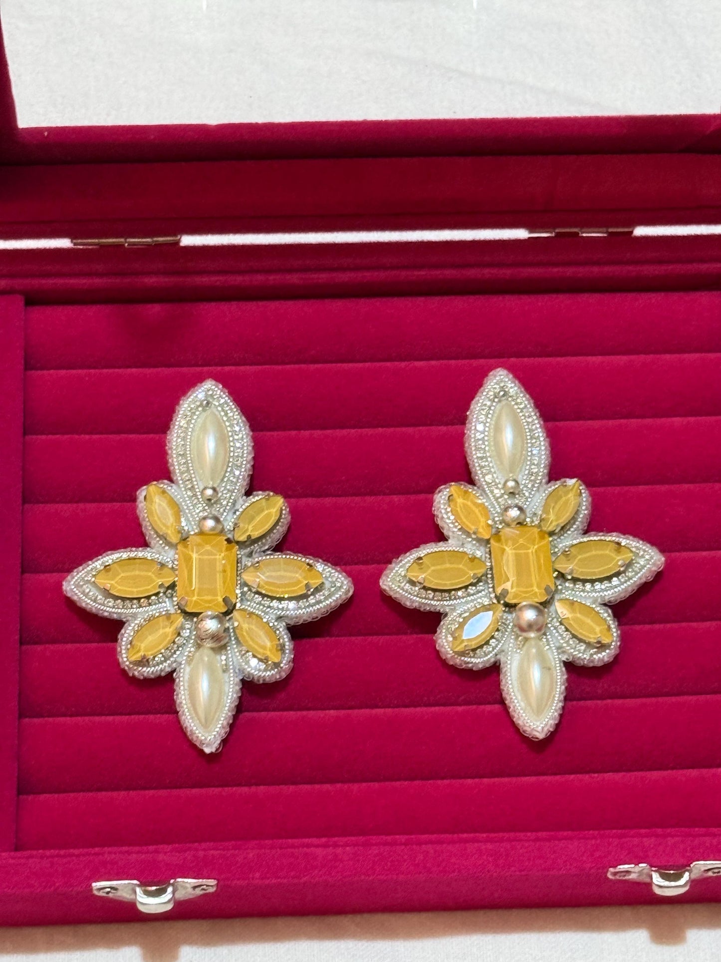 Handmade Beaded Flower Earrings, Yellow Gem Pearl Dangles