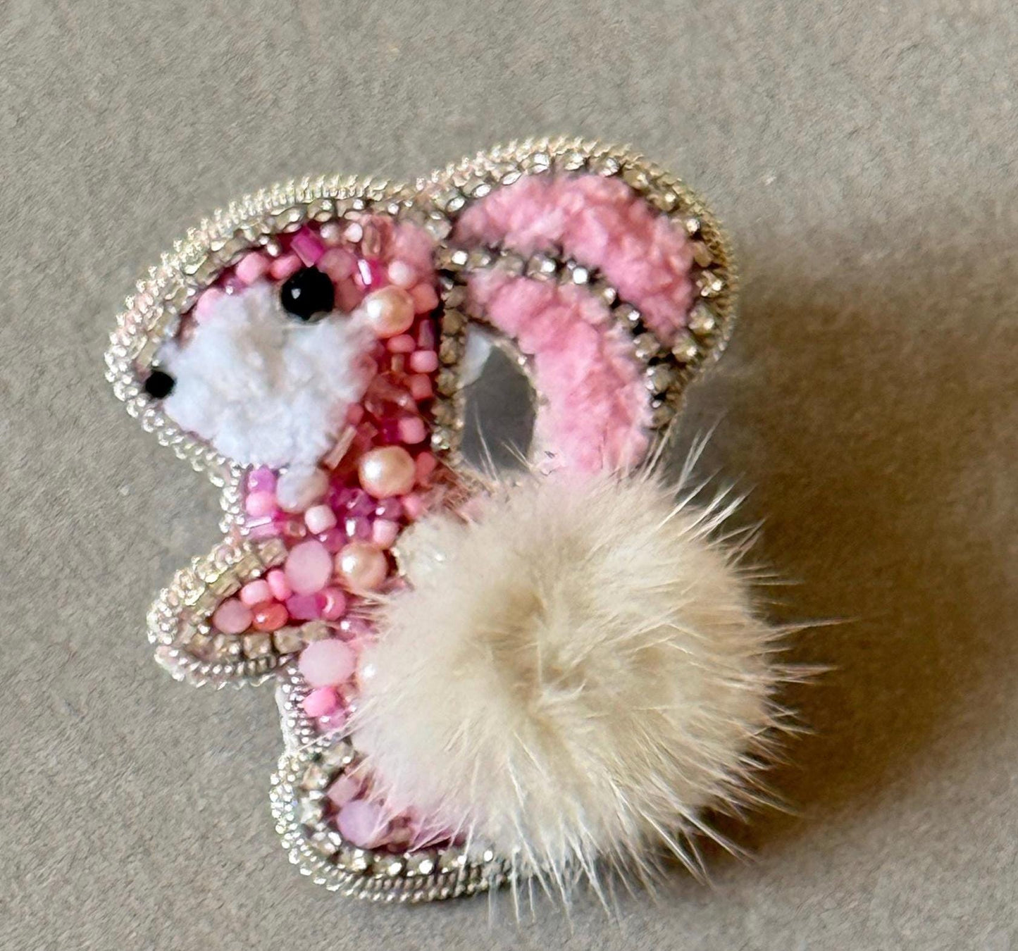 Handmade Beaded Bunny Brooch: Pink Rabbit Pin with Faux Fur Tail