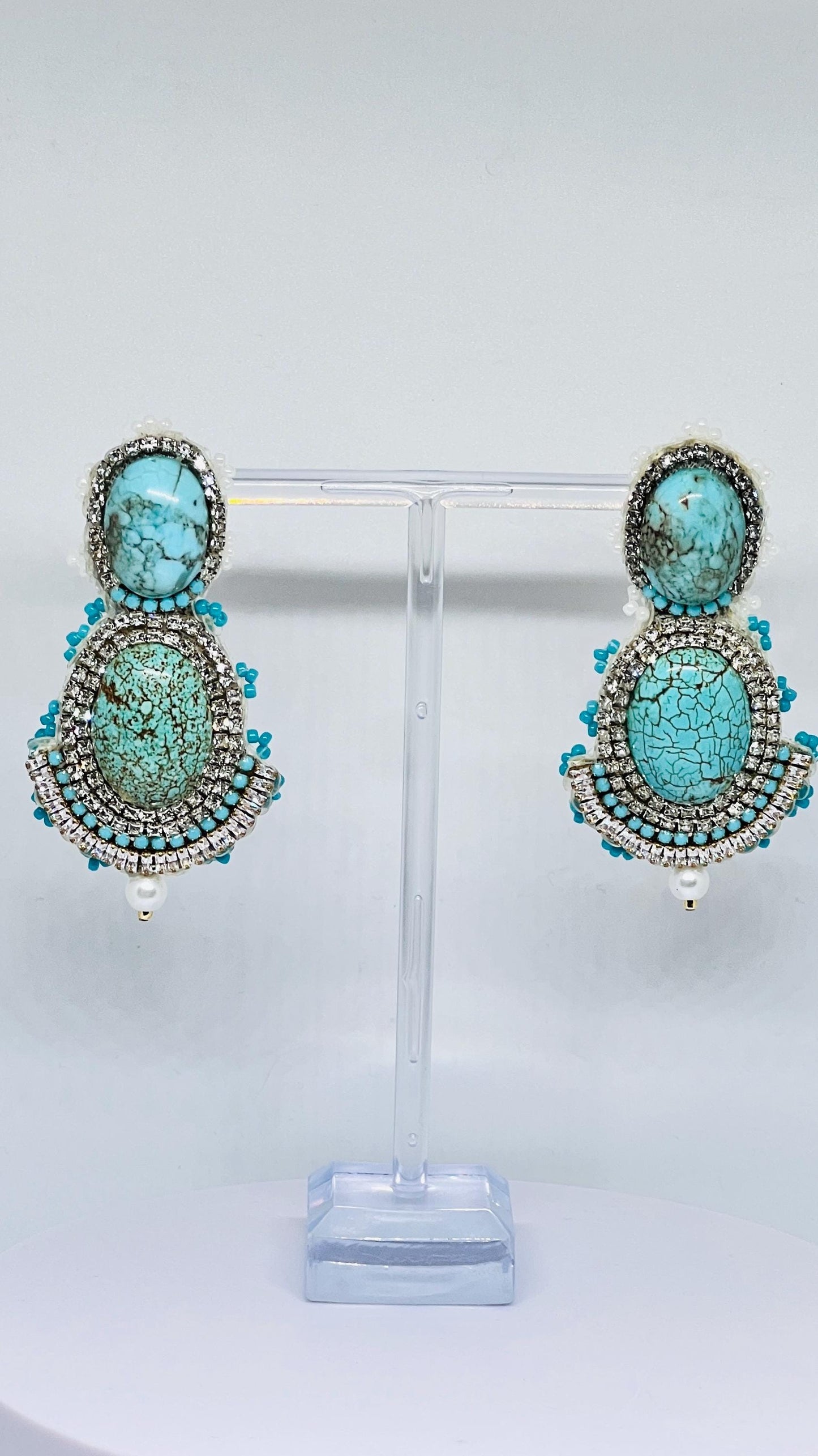 Turquoise Gemstone Statement Earrings - Hand-Beaded Crystal Drop Dangle Earrings