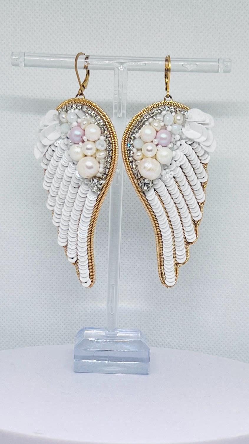 Handmade Angel Wing Earrings: Pearl, Crystal, and Sequin Statement Jewelry