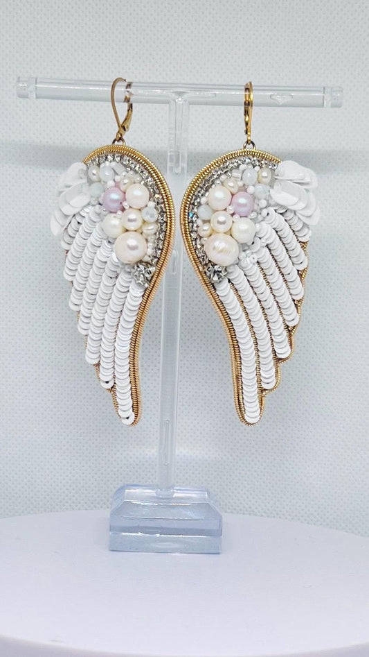 Handmade Angel Wing Earrings: Pearl, Crystal, and Sequin Statement Jewelry