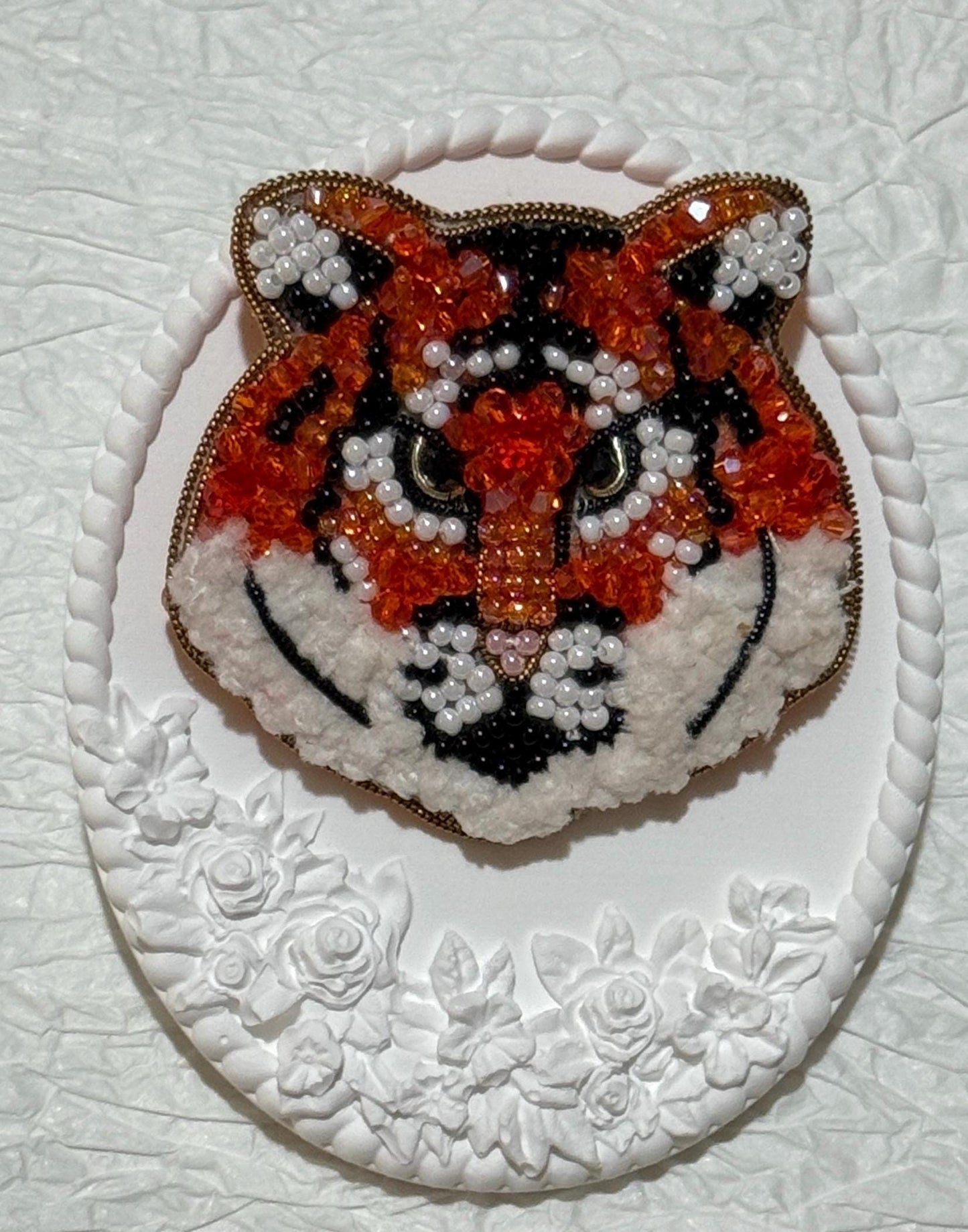 Handmade Beaded Tiger Brooch: Crystal Embroidered Animal Pin