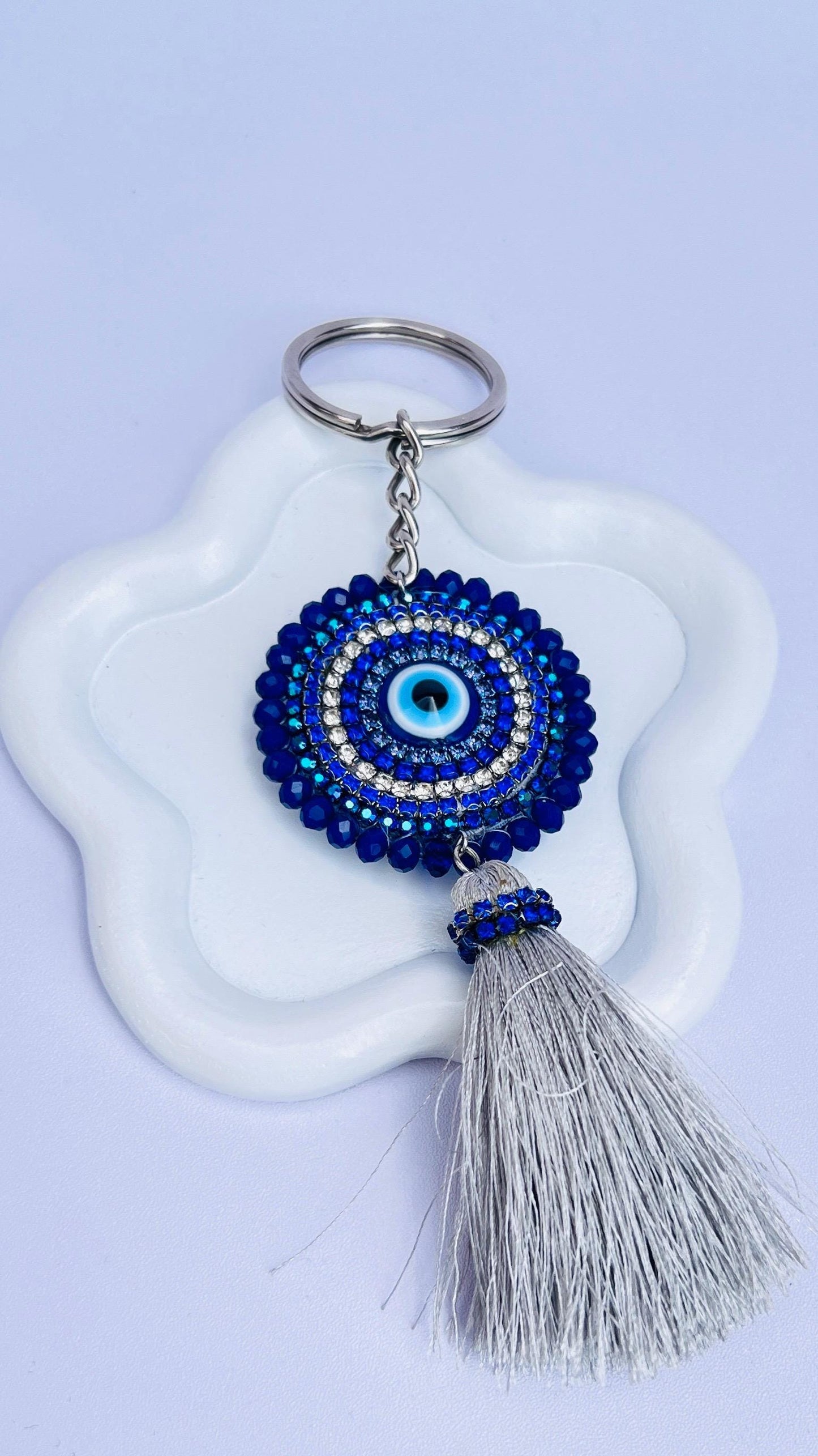 Handmade Evil Eye Car Key Ring with Tassel | Blue Crystal Keychain Charm