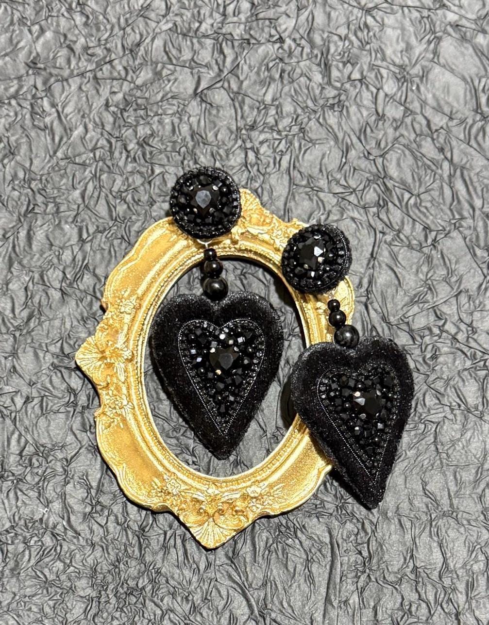 Handmade Black Velvet Heart Dangle Earrings: Gothic Beaded Jewelry