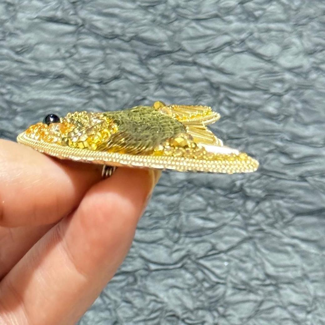 Handmade Beaded Fish Brooch: Gold Sequin Statement Pin