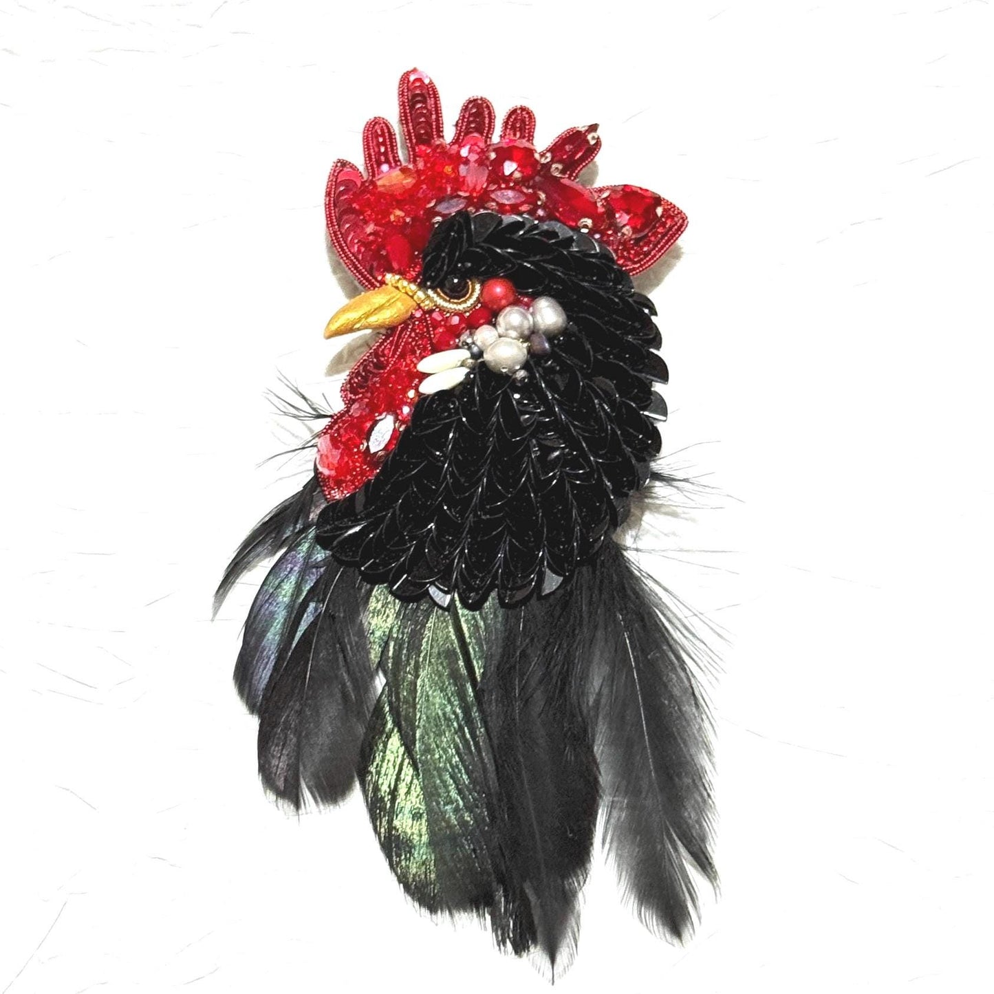 Handmade Beaded Rooster Brooch: Feather Embroidered Farm Pin