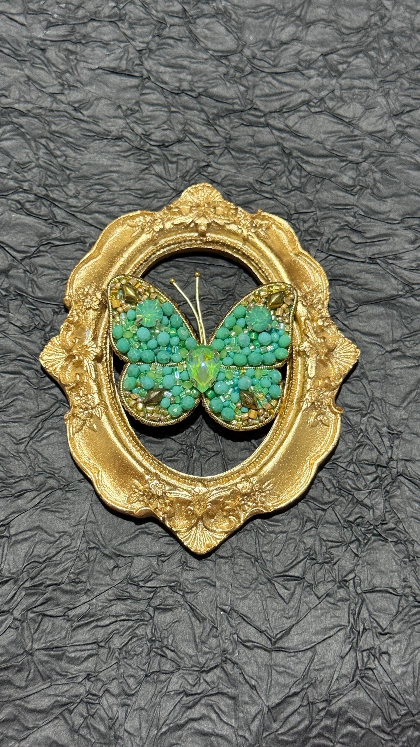 Handmade Green Crystal Butterfly Brooch: Beaded Statement Pin