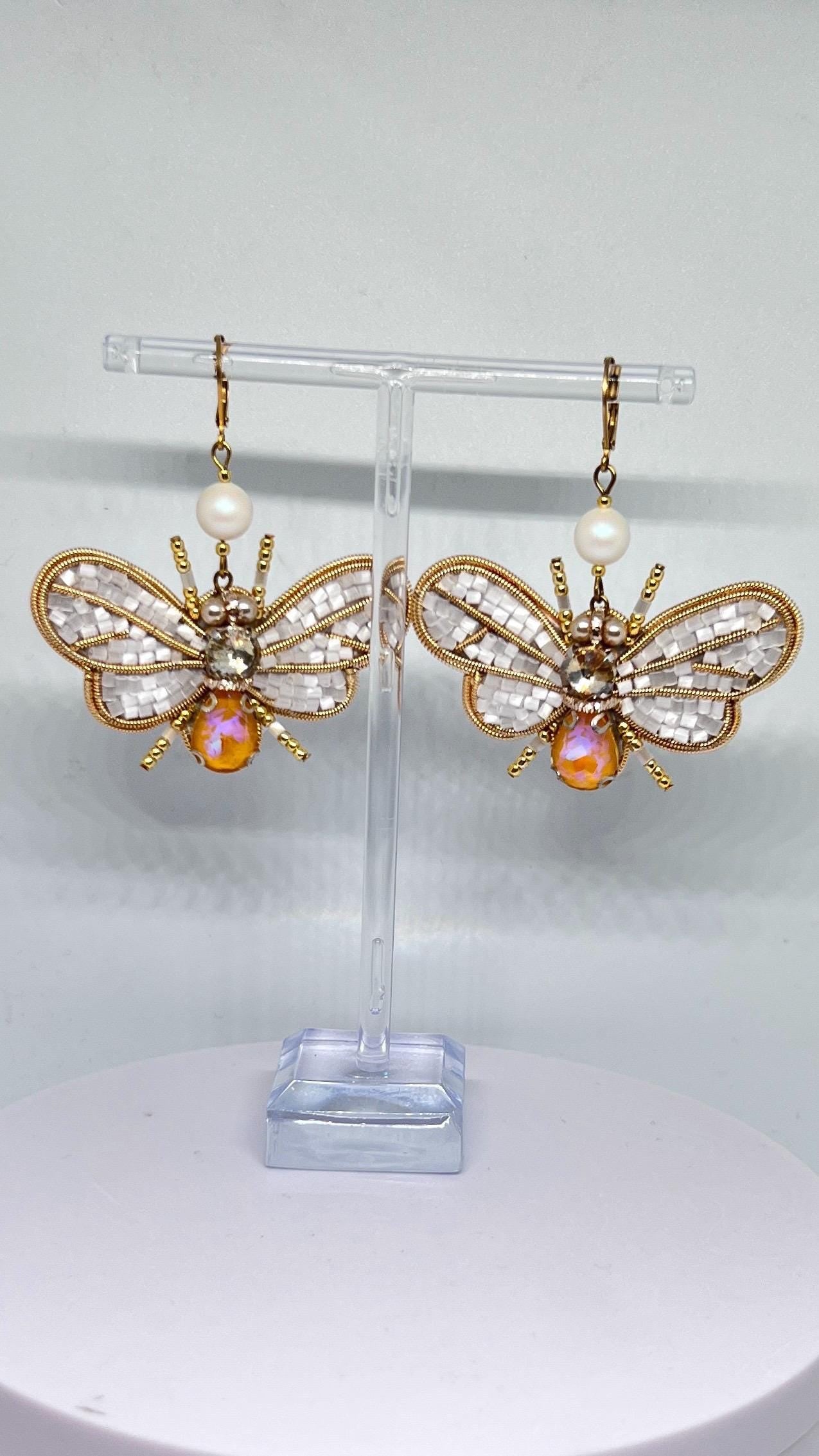 Handmade Beaded Bee Earrings: Opal Gemstone, White & Gold Jewelry