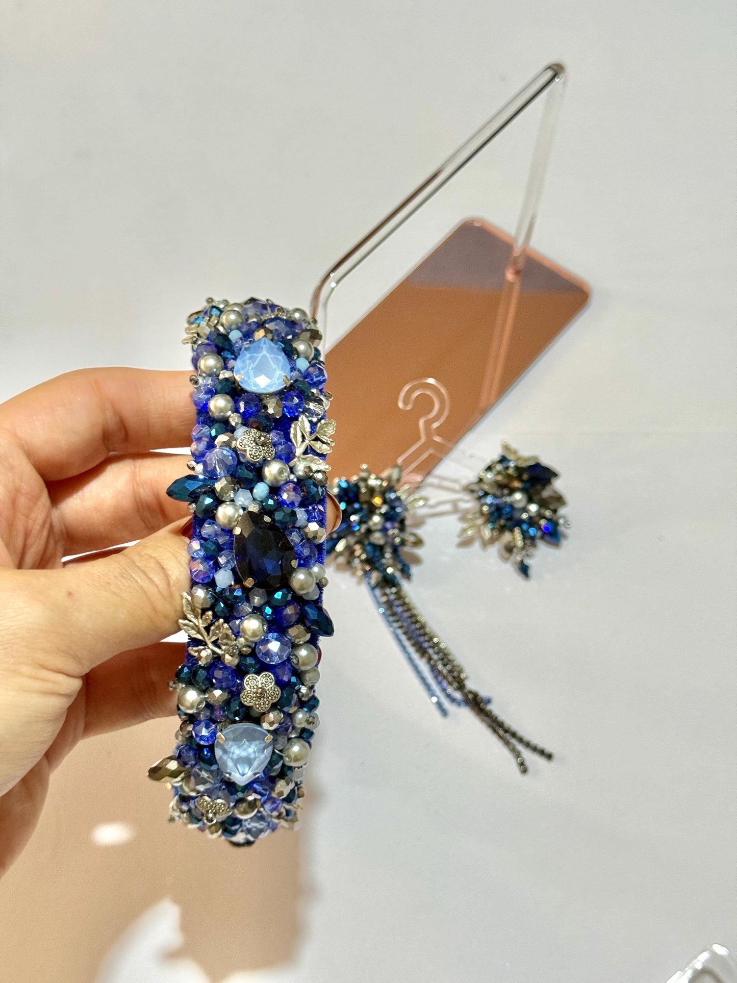 Handmade Blue Beaded Headband with Crystal Dangle Earrings