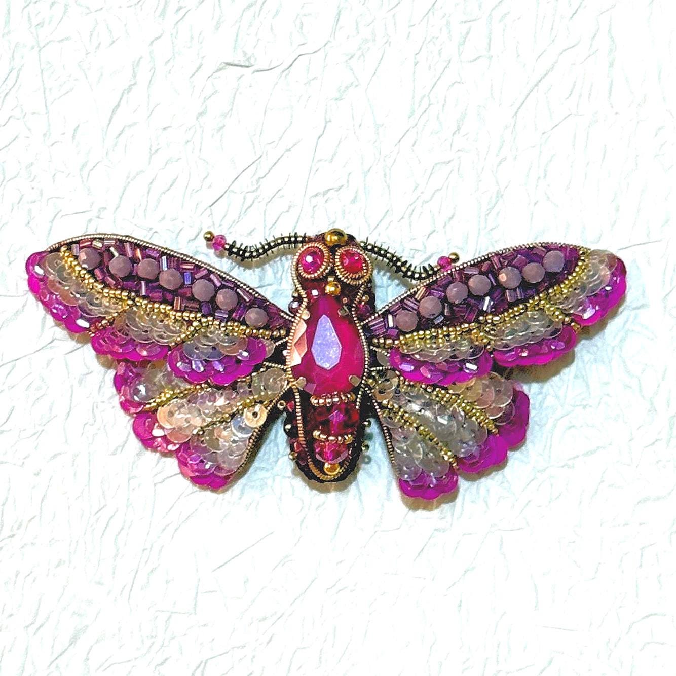 Handmade Beaded Moth Brooch: Crystal Embroidered Insect Pin