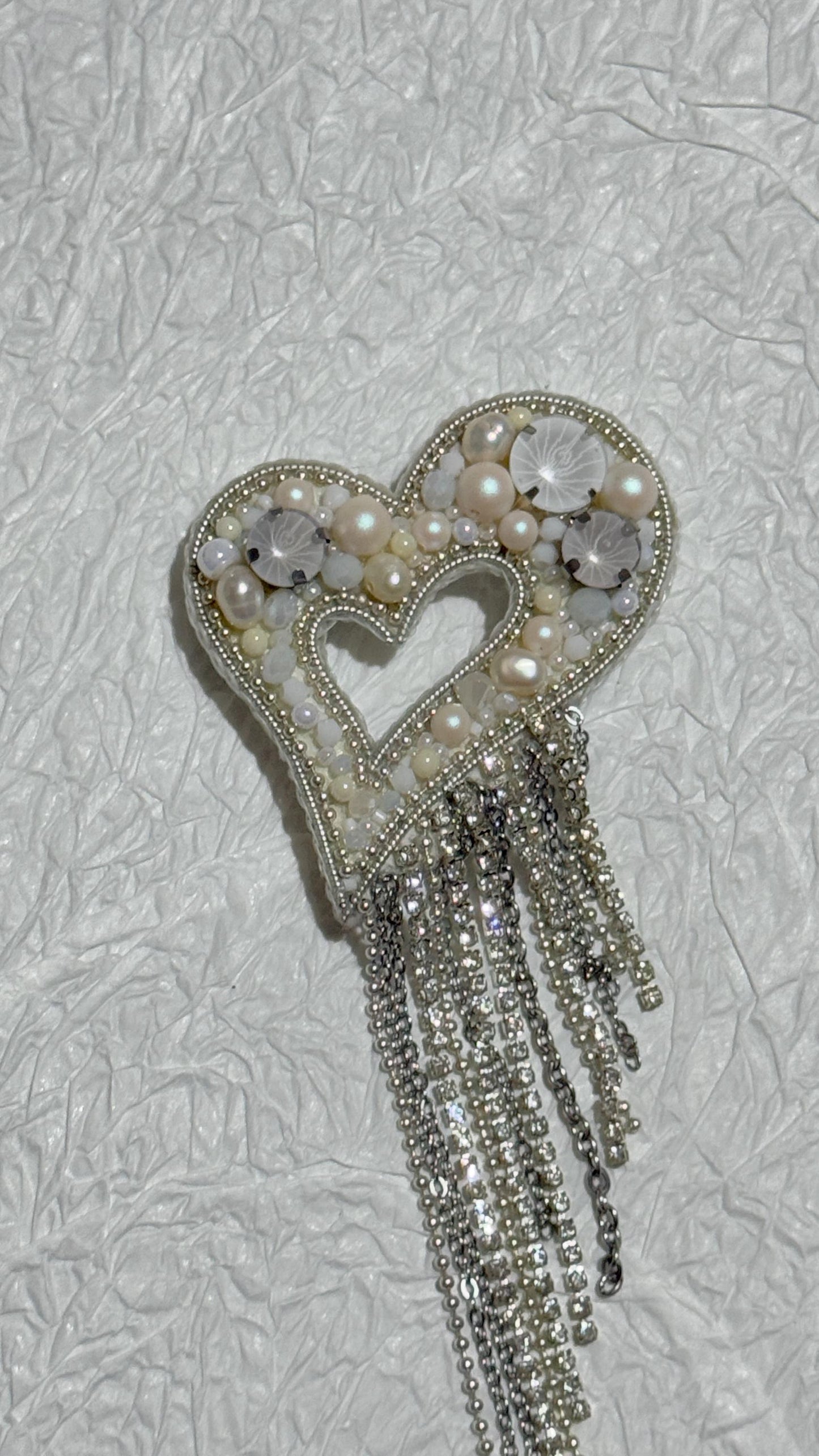 Handmade Pearl Heart Brooch: Beaded Rhinestone Dangling Chains