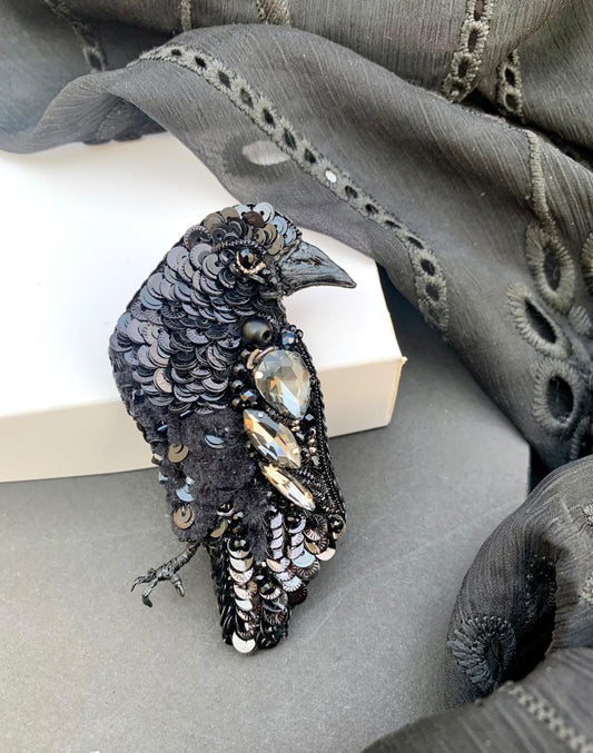 Handmade Beaded Raven Brooch – Gothic Sequined Bird Pin