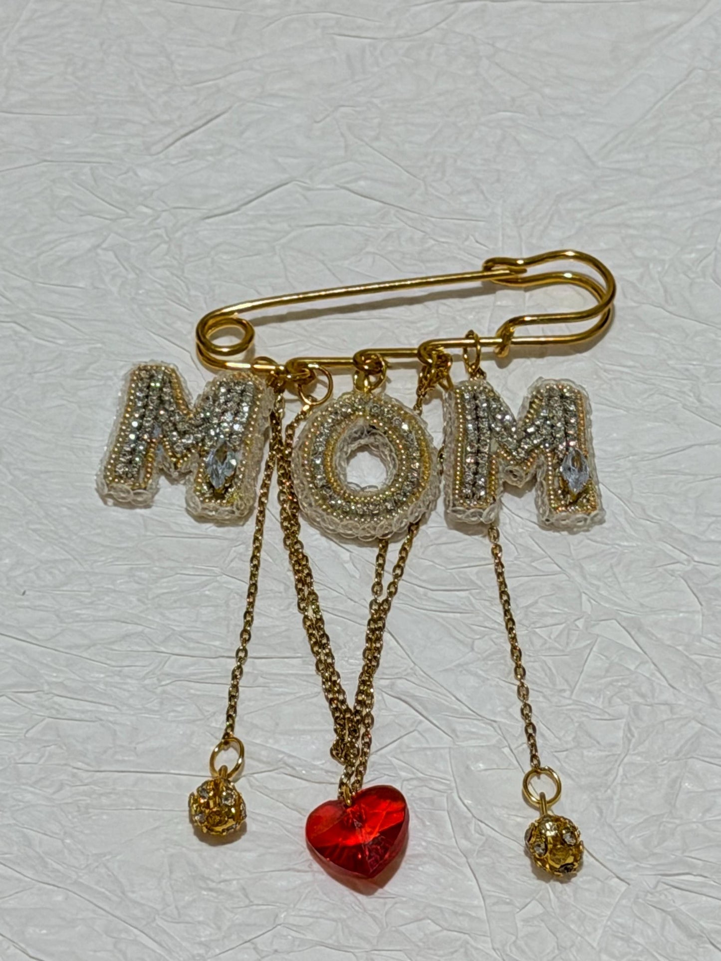 Handmade Beaded MOM Brooch – Crystal Heart, Gold Tone Pin