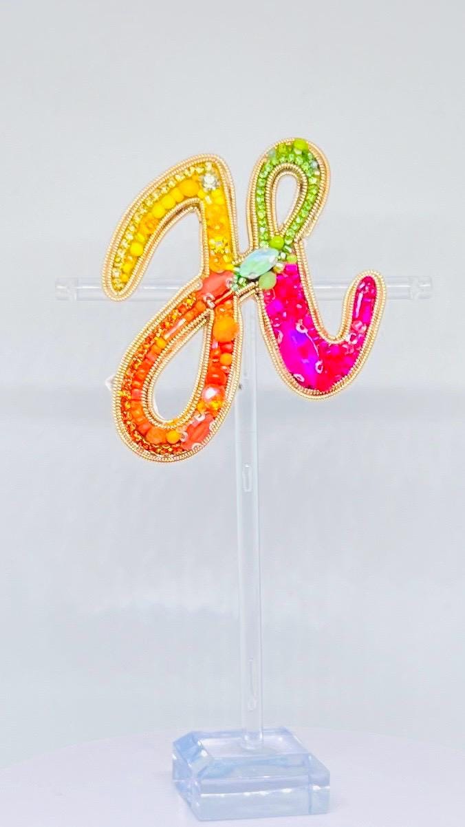Handmade Beaded Initial Brooch - Colorful Crystal Letter Pin