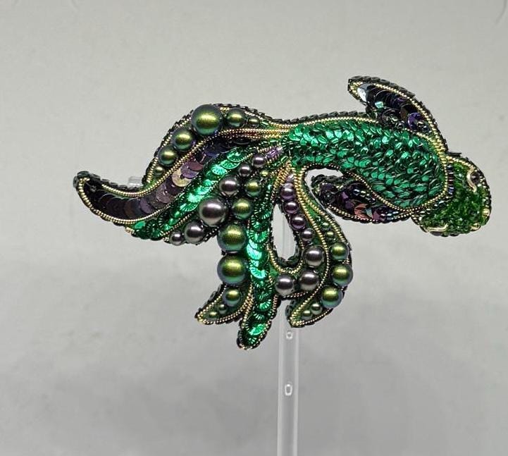 Handmade Beaded Fish Brooch: Embroidered Green Koi Pin