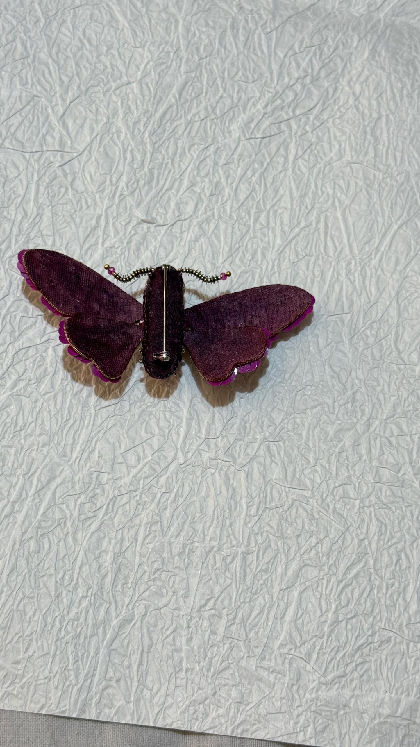 Handmade Beaded Moth Brooch: Crystal Embroidered Insect Pin