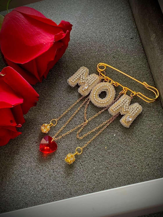 Handmade Beaded MOM Brooch – Crystal Heart, Gold Tone Pin